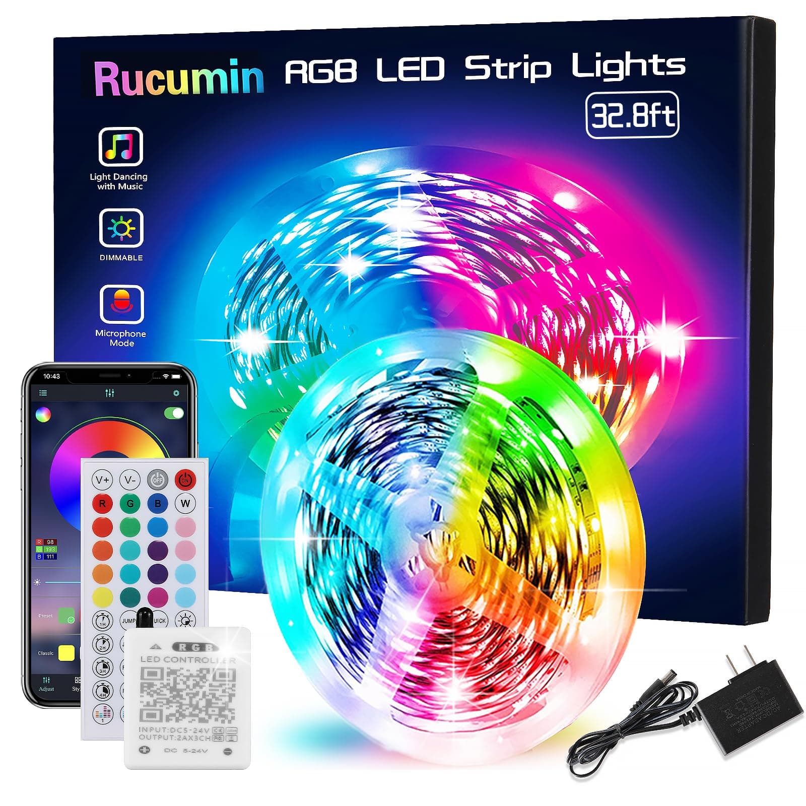 32.8ft Led Lights for Bedroom, Rope Lights, Music Sync, LED Strip Lights with App and 44 Key Remote Control, RGB LED Light Strips for Decoration
