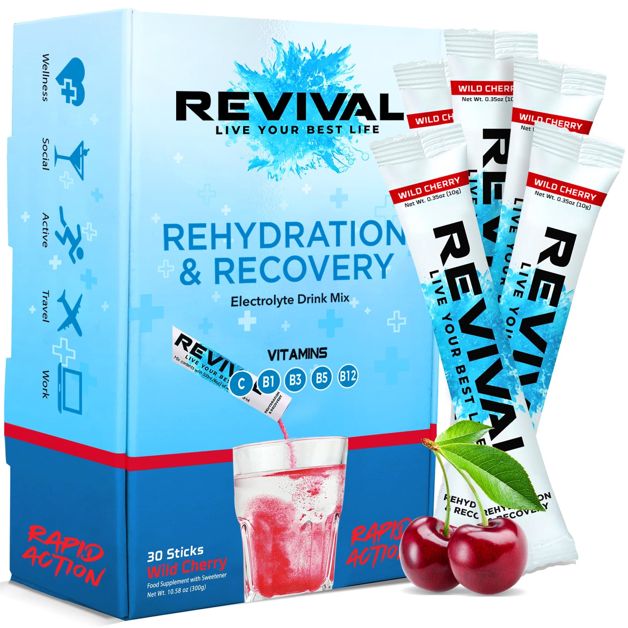 Revival Rapid Rehydration Sachets Electrolytes Powder High Strength Vitamin C, B1, B3, B5, B12 Supplement Sachet Energy Drink, Effervescent Electrolyte Hydration Tablets 30 Pack Cherry Flavours
