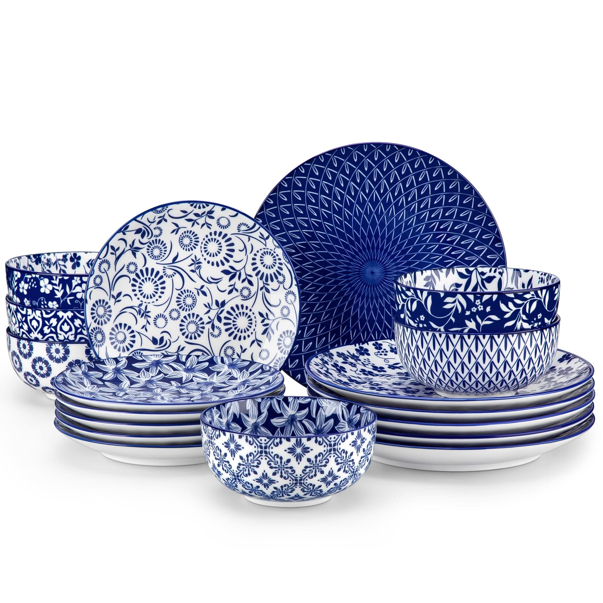 vancasso Selene Dinner Sets for 6 People, 18 Pieces Vintage Blue Porcelain Plates and Bowls Set Kitchen Crockery Set Dinnerware Sets, Mircowave and Dishwasher Safe Dishes Set