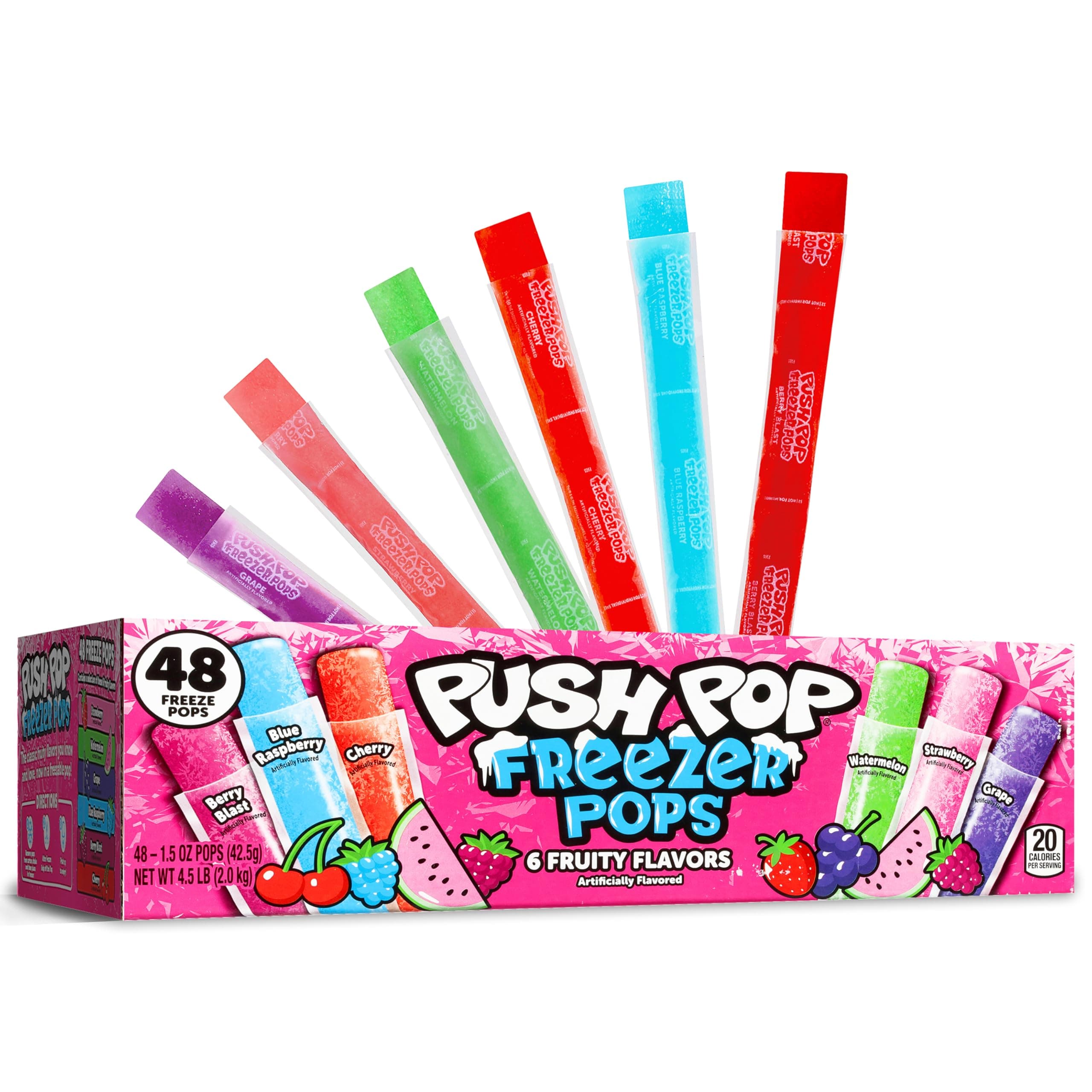Push Pop Freezer Pops - Ice Popsicles Frozen, Individually Wrapped Variety Pack, 6 Classic Fruity Flavors, Fun Colored Frozen Treats for Party Favors, Bulk Snacks for Kids (48 Count)