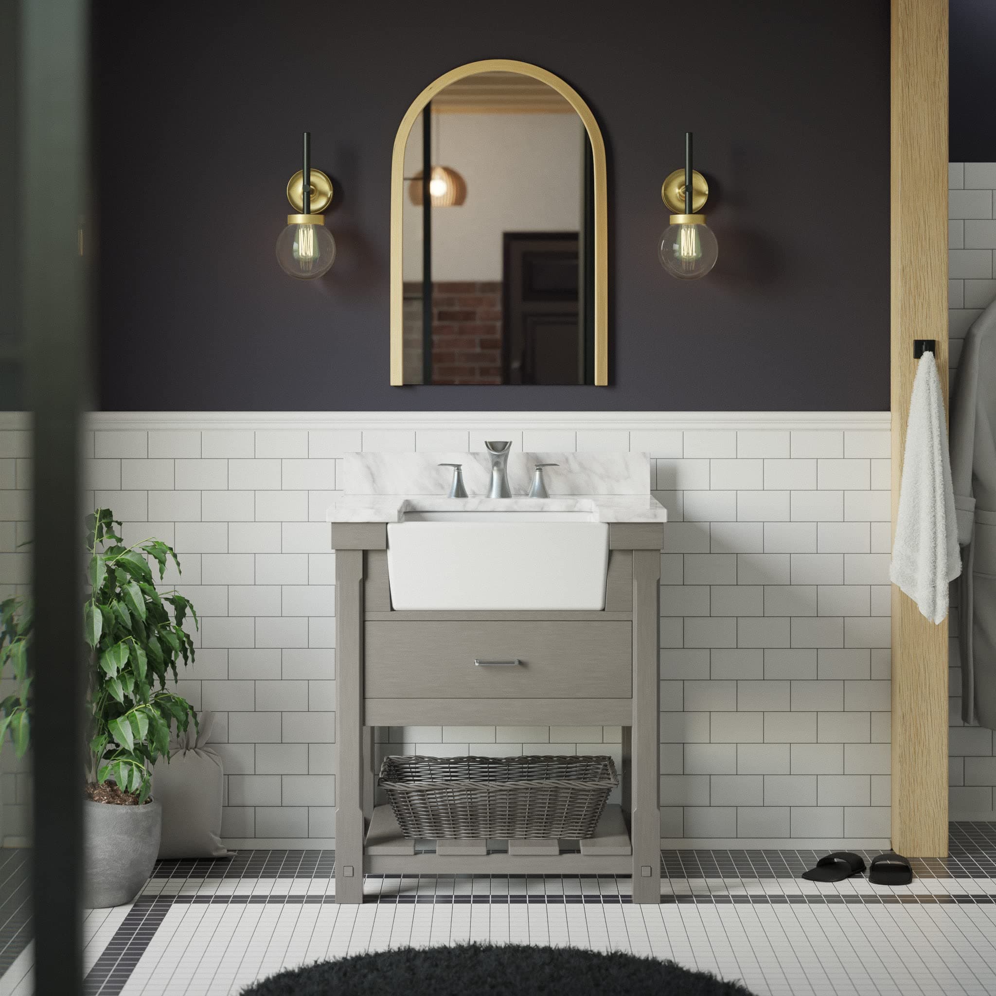 Charlotte 30-inch Bathroom Vanity (Carrara/Weathered Gray): Includes Weathered Gray Cabinet with Authentic Italian Carrara Marble Countertop and White Ceramic Farmhouse Apron Sink