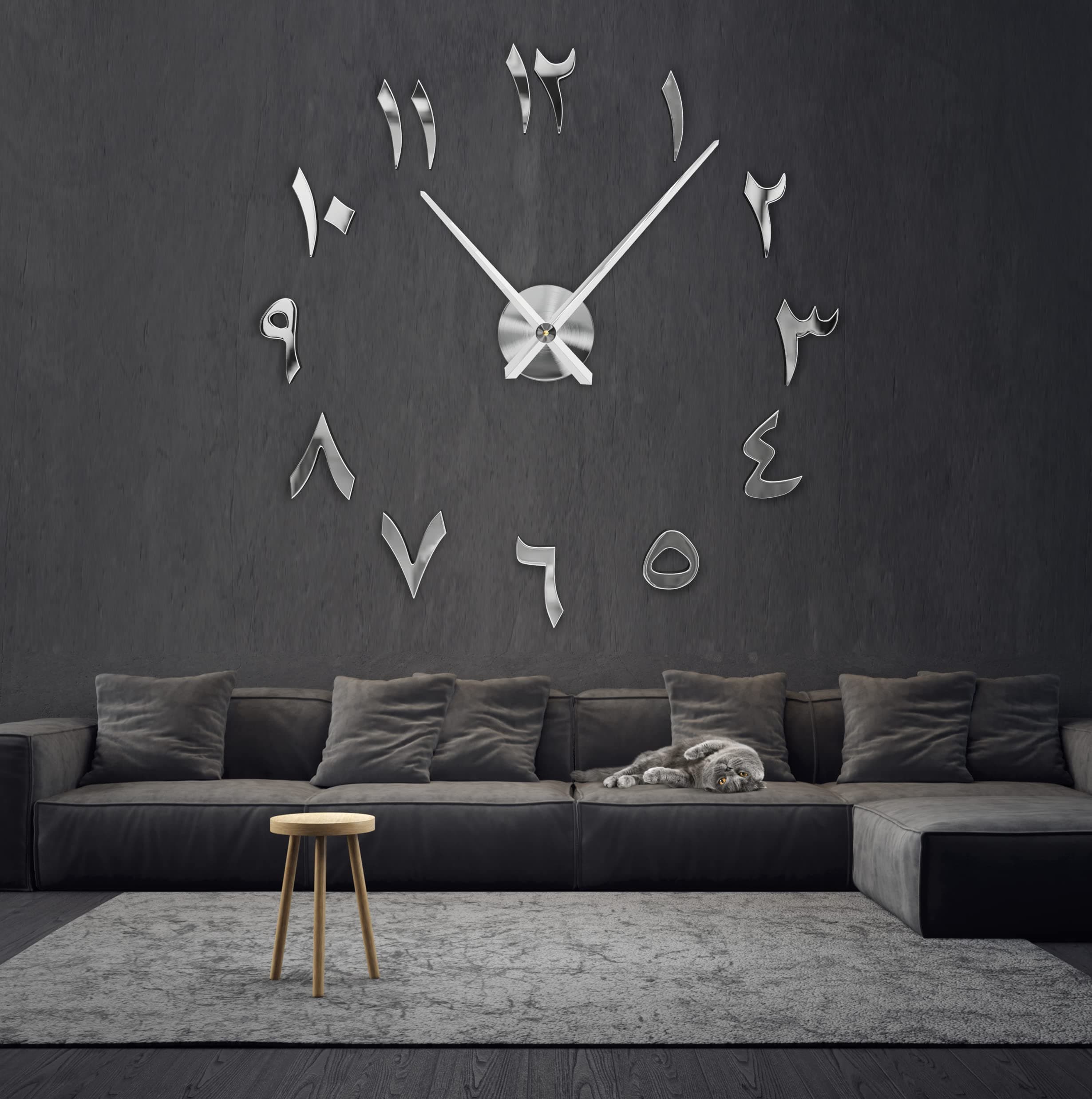 R&M ORIENTR&M ORIENT 3D Arabic Wall Clock Large Modern Mute DIY - Decoration Gift - Living Room Home Office (Silver)