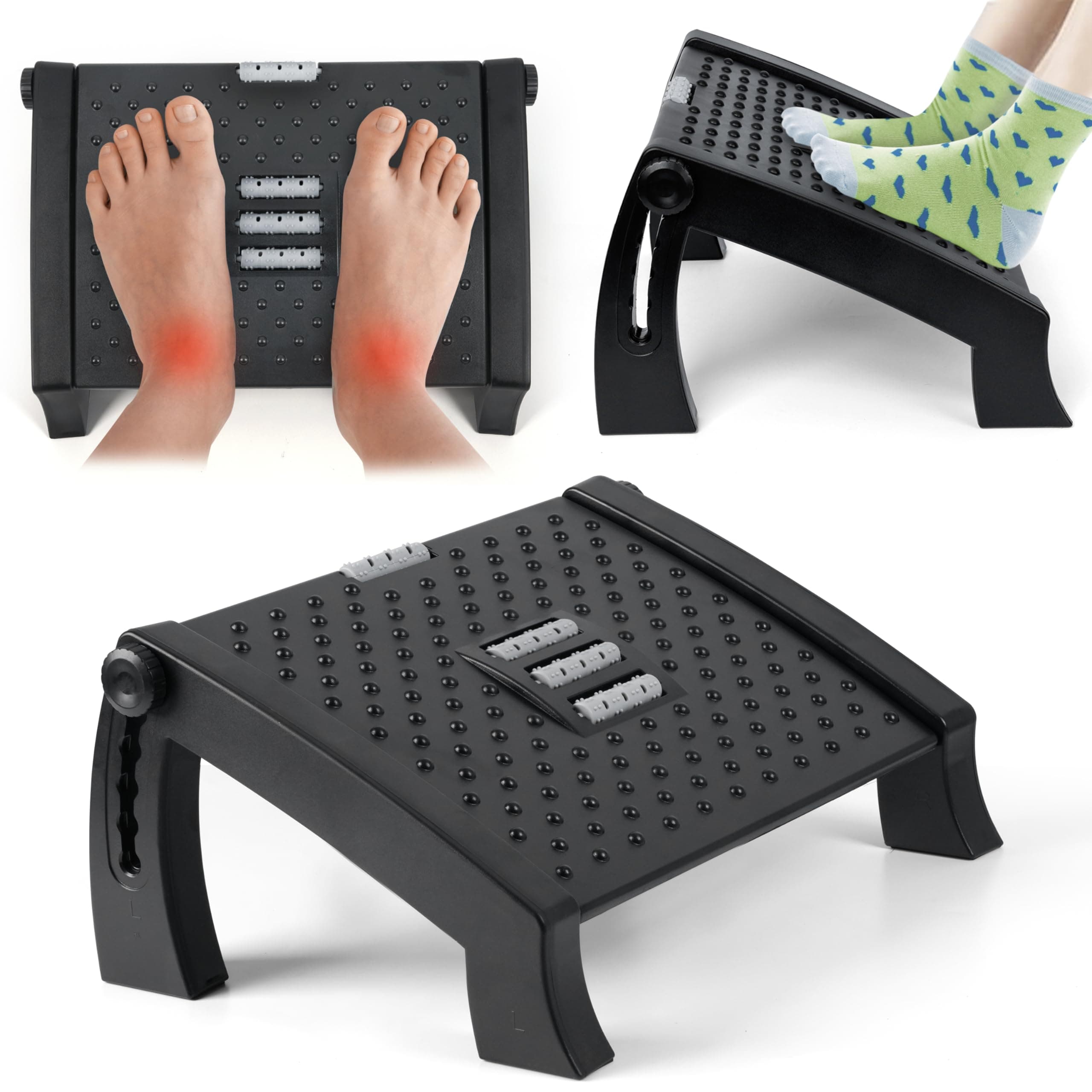 ABOUT SPACE Adjustable Footrest - Accupressure Plastic Underdesk Foot Step Stool with Ergonomic Design & Massage Rollers-Anti Slip Base - Height Adjustable Foot Stool for Office Chair,Work& Home