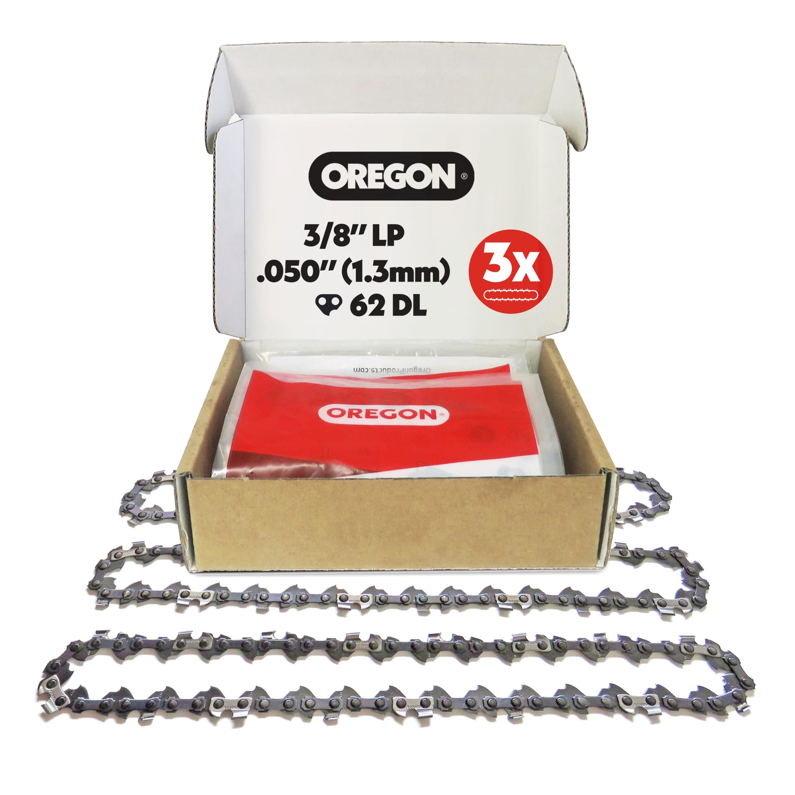 3-Pack Chainsaw Chain 3/8" LP Pitch, .050" (1.3 mm) Gauge for 18" (45cm) Bar, 62 Drive Links - Low-kickback Chainsaw Chain, Fits Husqvarna, Mac Allister, Bosch and more