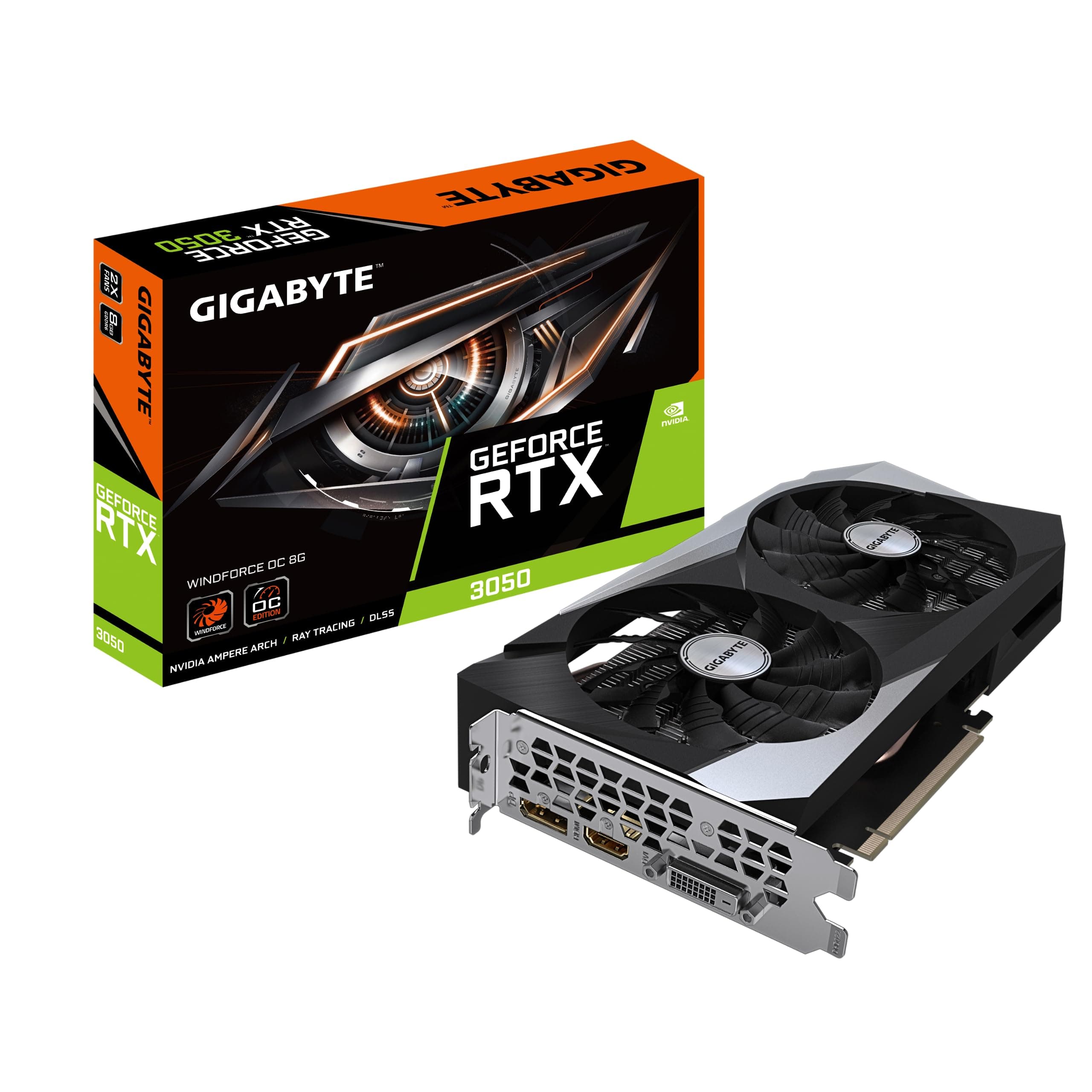 NVIDIA GeForce RTX 3050 WINDFORCE OC Graphics Card - 8GB GDDR6, 128-bit, PCI-E 4.0, 1792MHz Core Clock, 1x DP 1.4, 1x HDMI 2.1, NVIDIA Ampere - GV-N3050WF2OC-8GD