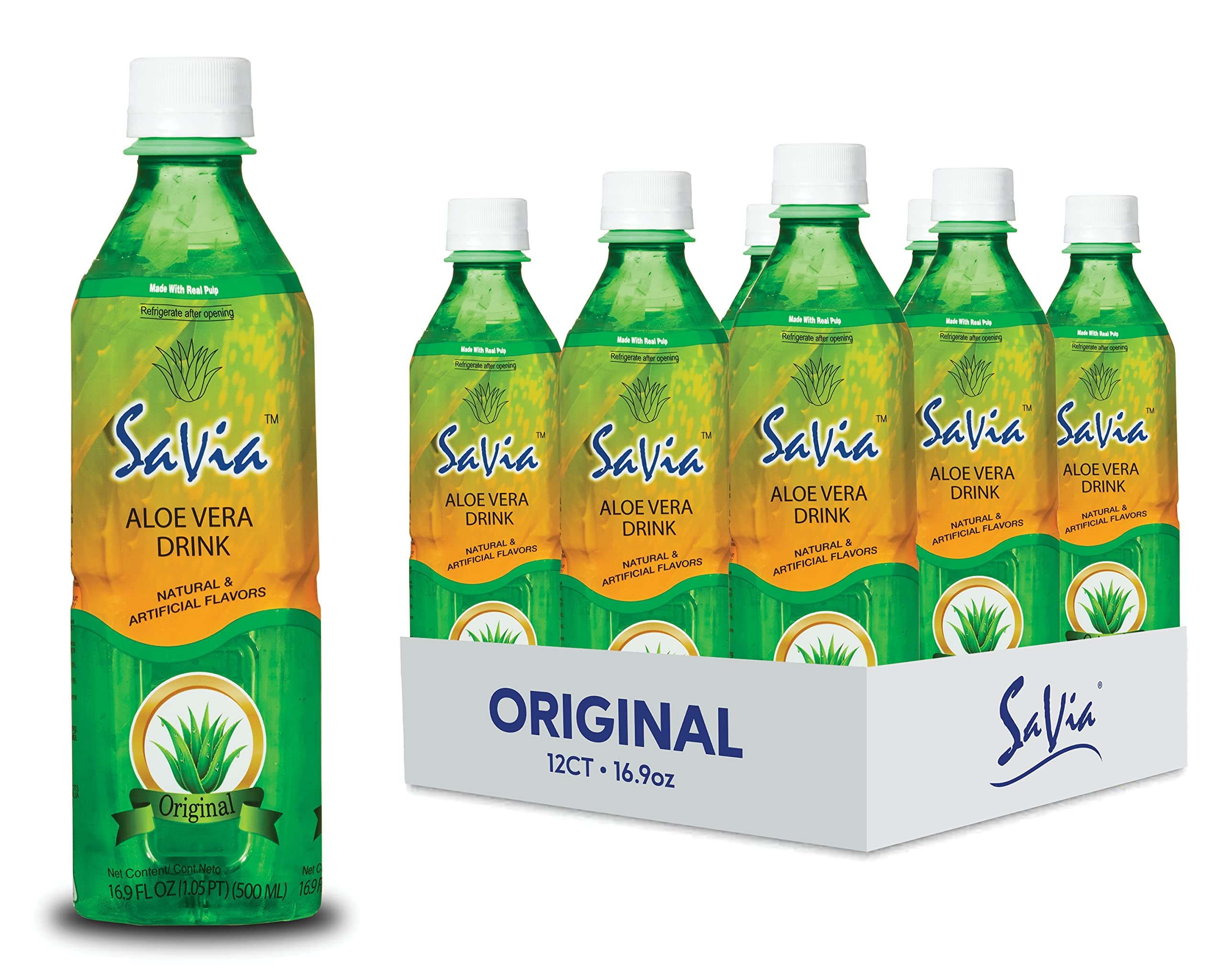 "Savia - Original Aloe Vera Drink, Quality Aloe-Based Beverage, Made with Real Aloe Pulp & Natural, Delicious & Refreshing, Vegetarian, Gluten-Free, Fat-Free (16.9oz, 12-Pack)"