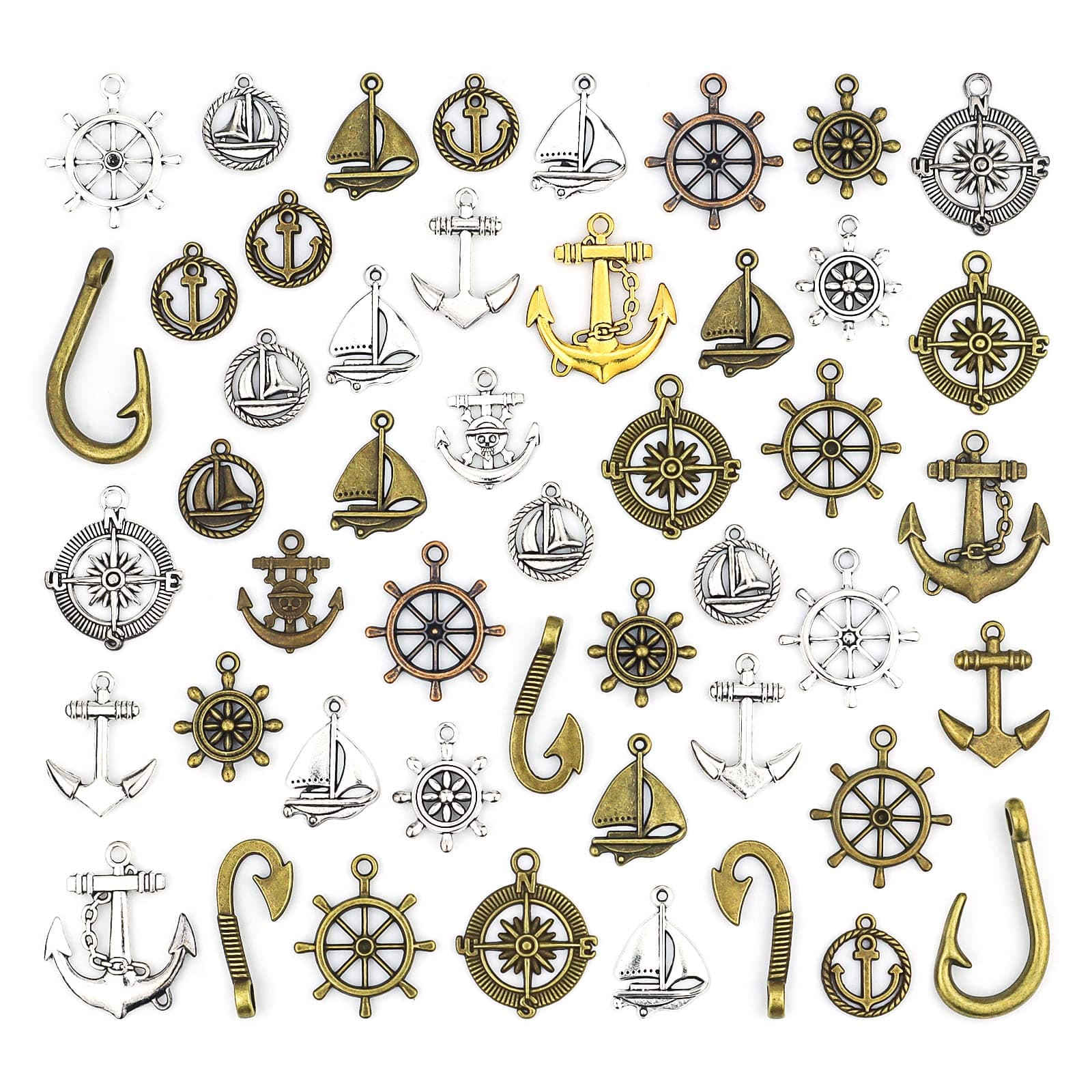 JIALEEY Nautical Anchor Rudder Helm Compass Charms, 100 Grams Mixed Ship Anchor Wheel Pendants Beads Charms for DIY Necklace Bracelet Jewelry Making Accessories