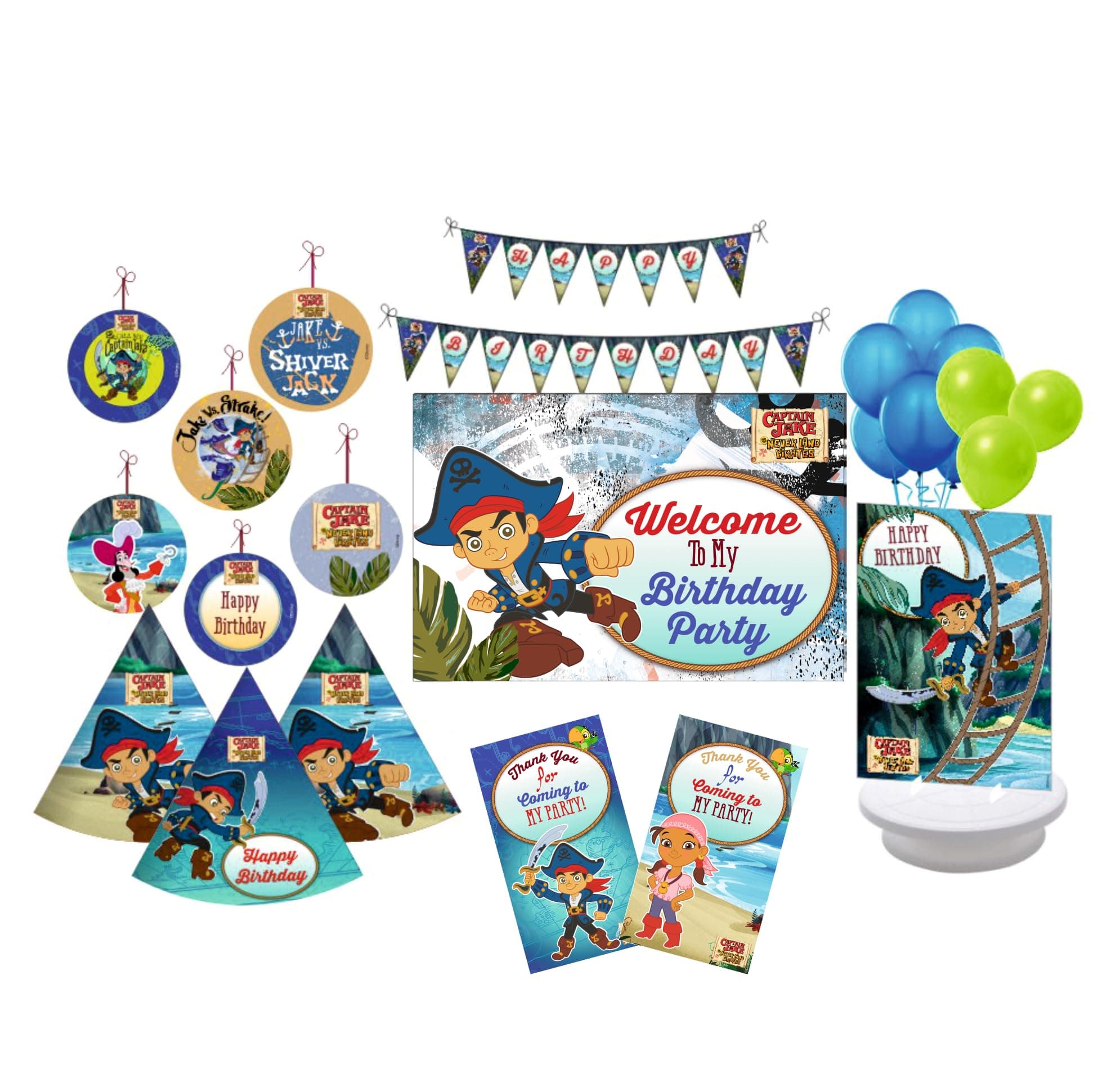 PRETTY UR PARTY Captain Jake Party decorations Kit - 80 pcs include Bunting, balloons, thank you,centerpiece,danglers,Caps, Pirate Party Supplies, Pirate Birthday Decor, DIY Décor for Kids