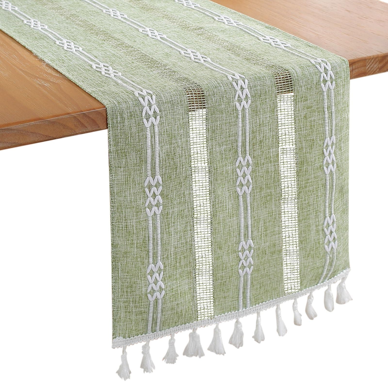 Boho Table Runner with Tassels, 183x33cm/72 x13 Table Decoration, Linen Beige Table Runner Tablecloth for Home Wedding Decoration, Green