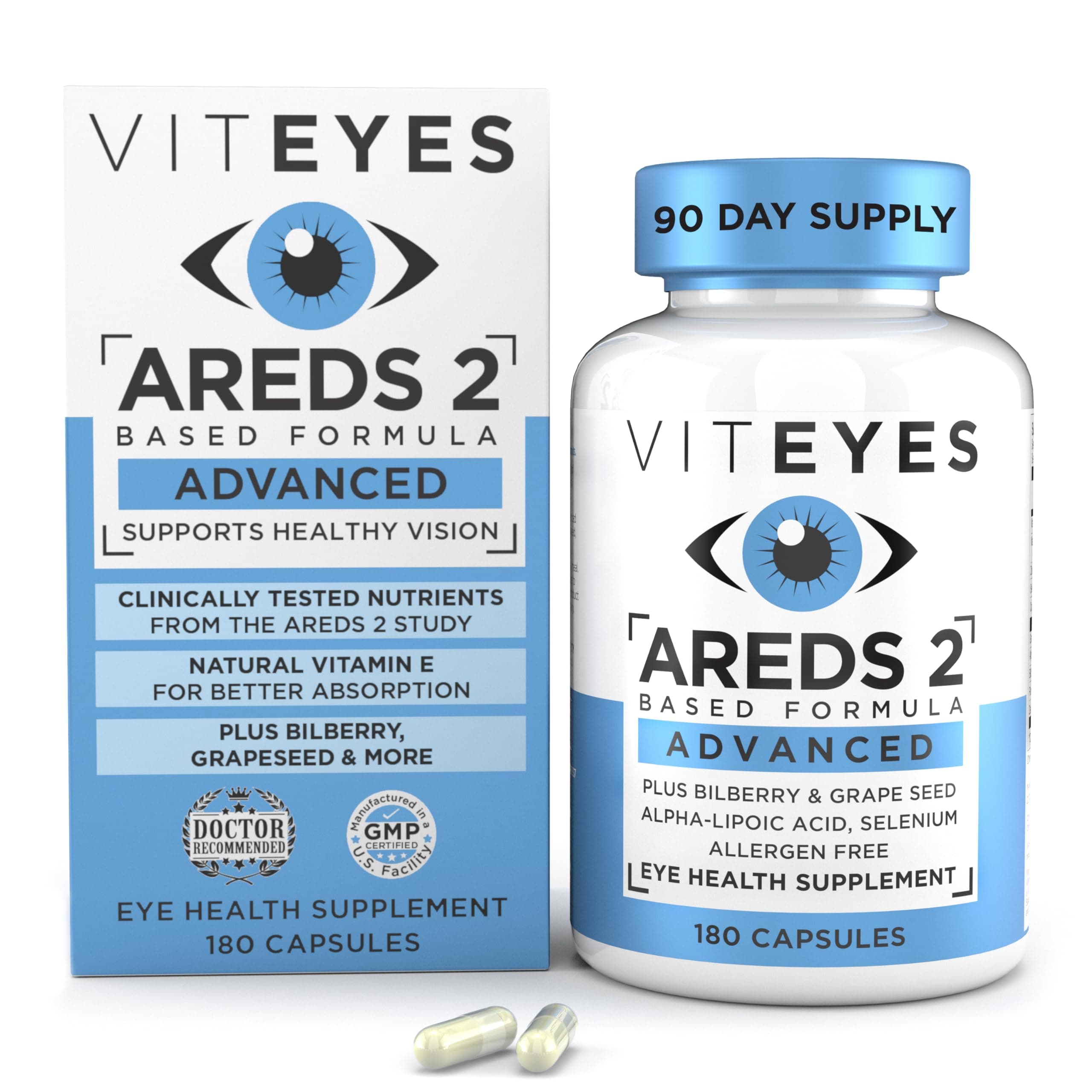 Viteyes AREDS 2 Advanced Eye Vitamins, Macular Support with Bilberry, grapeseed, FLORAGLO Lutein, Selenium, Natural Vitamin E, Allergen Free, Vision Protection, Eye Doctor Trusted, 180 Count