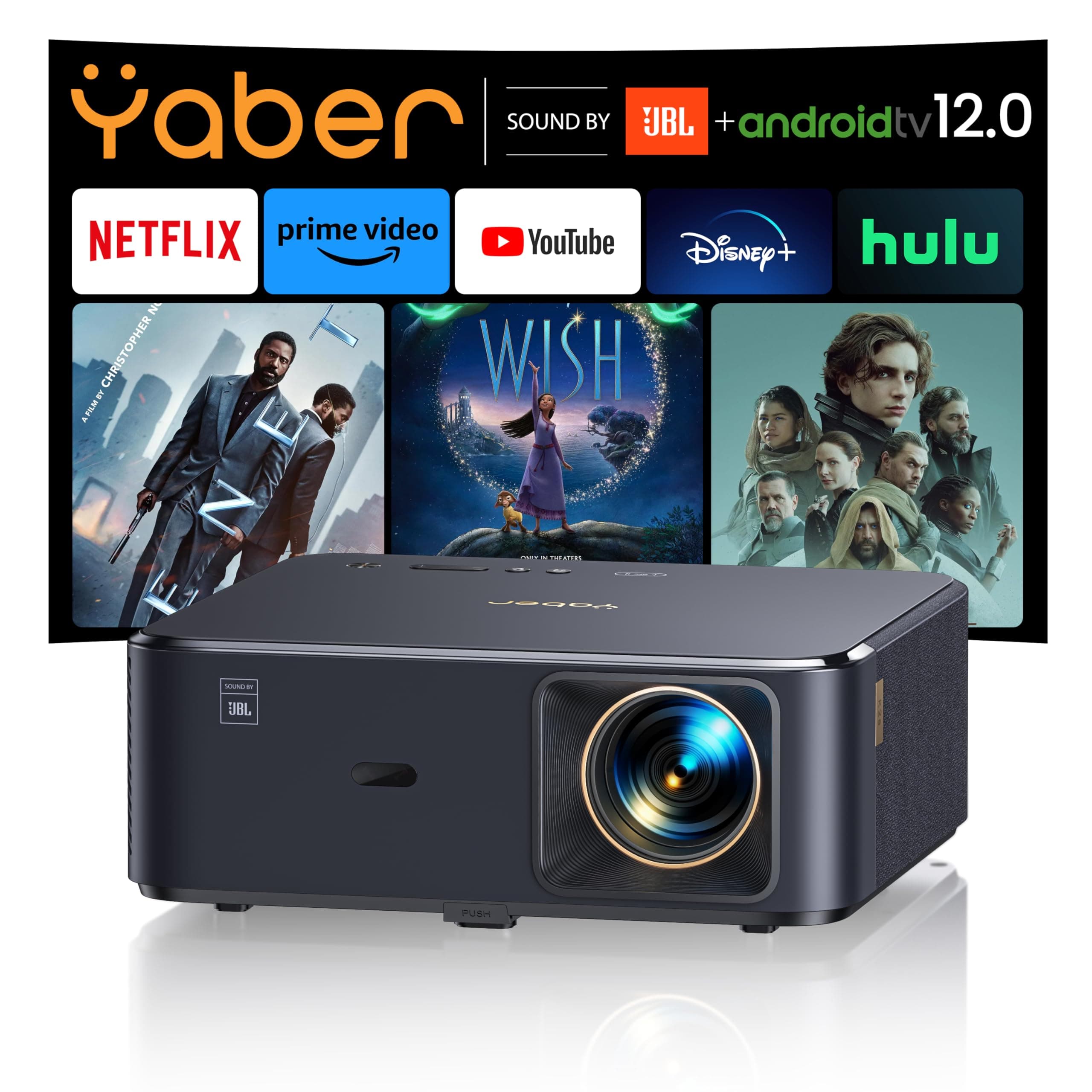 Projector 4K with Android TV, YABER K2s 1000 ANSI WiFi 6 Bluetooth Projector, Sound by JBL, Dolby Audio, Auto Focus & Keystone,Native 1080P 4K Supported Outdoor Movie Projector with Netflix 7000+ Apps