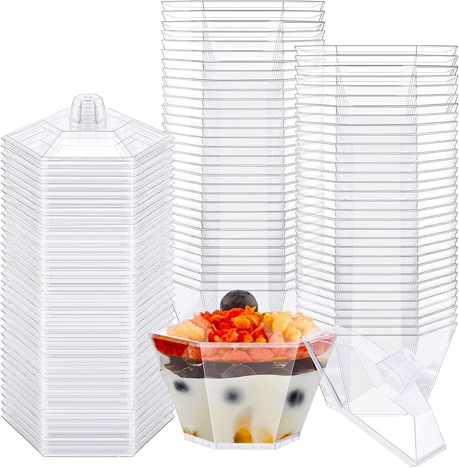 LATERN 50Pcs Plastic Dessert Cups with Lids, 100ml Mini Hexagon Dessert Cups Clear Parfait Appetizer Cup Reusable Serving Bowl with Lids for Dessert Pudding Mousse Party (7.5cm x 4.5cm)
