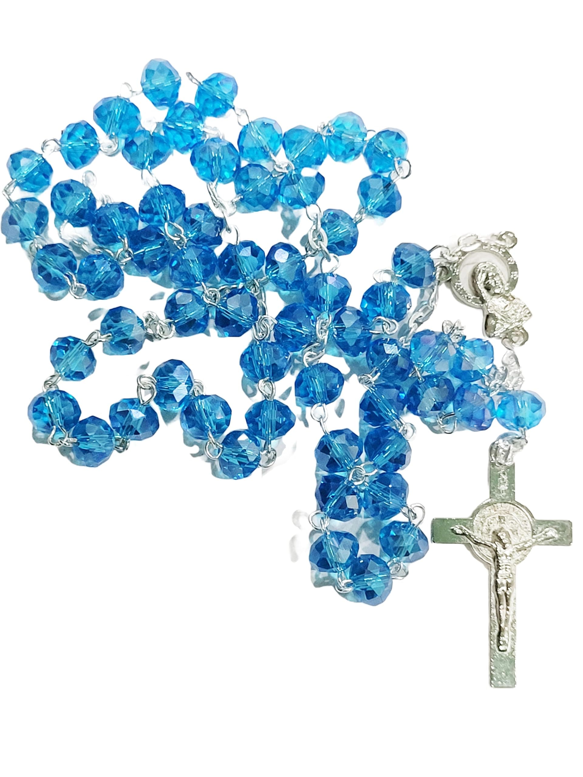 Catholic Praying Rosary With A St Benedict Cross | Blue Crystal Beads Rosary For Praying For Women (6Mm)