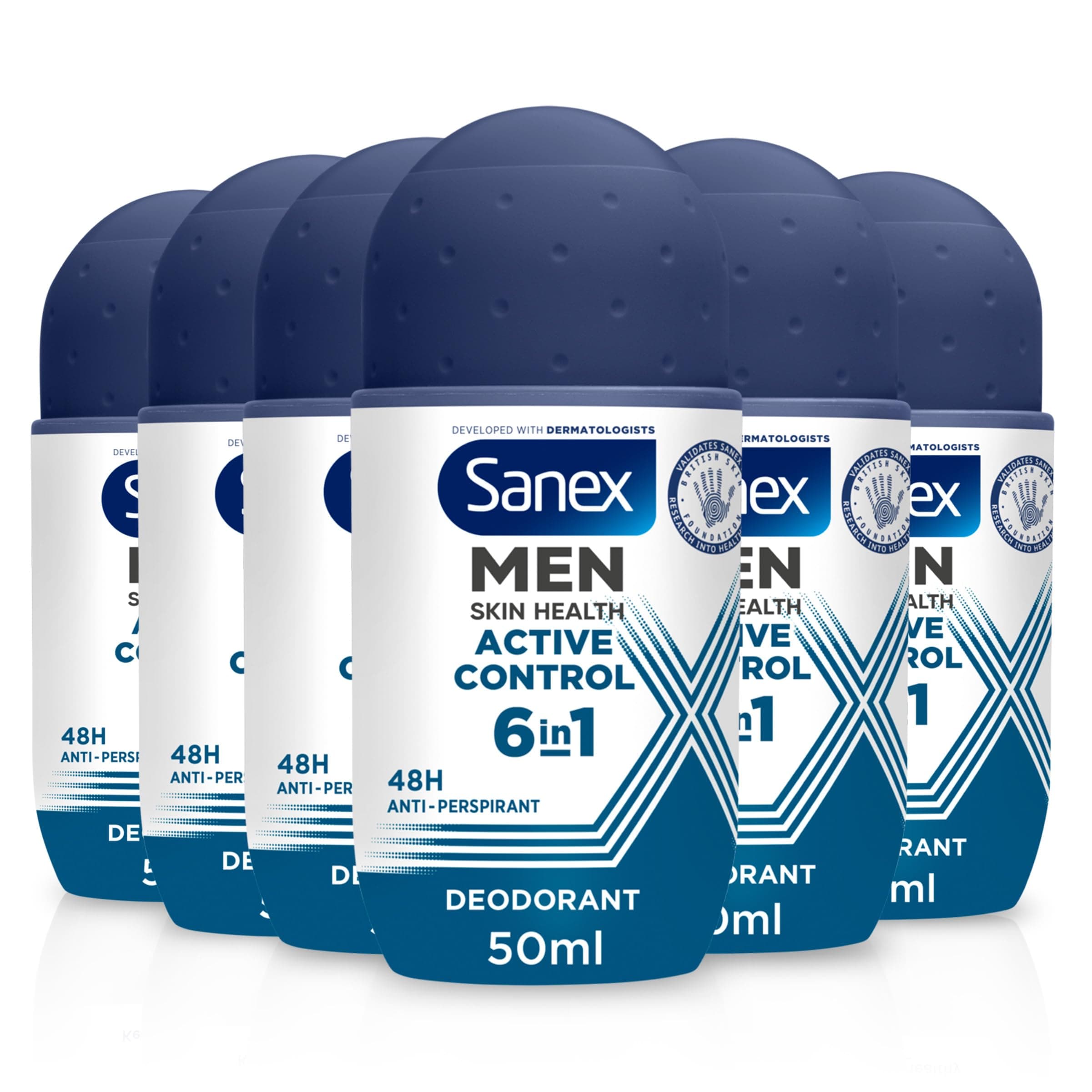 Sanex Men Active Control Antiperspirant Roll-On Deodorant 6x50ml, 48 hour sweat protection, anti-odour, long-lasting dryness, freshness, gentle on skin, antibacterial, 0% alcohol*