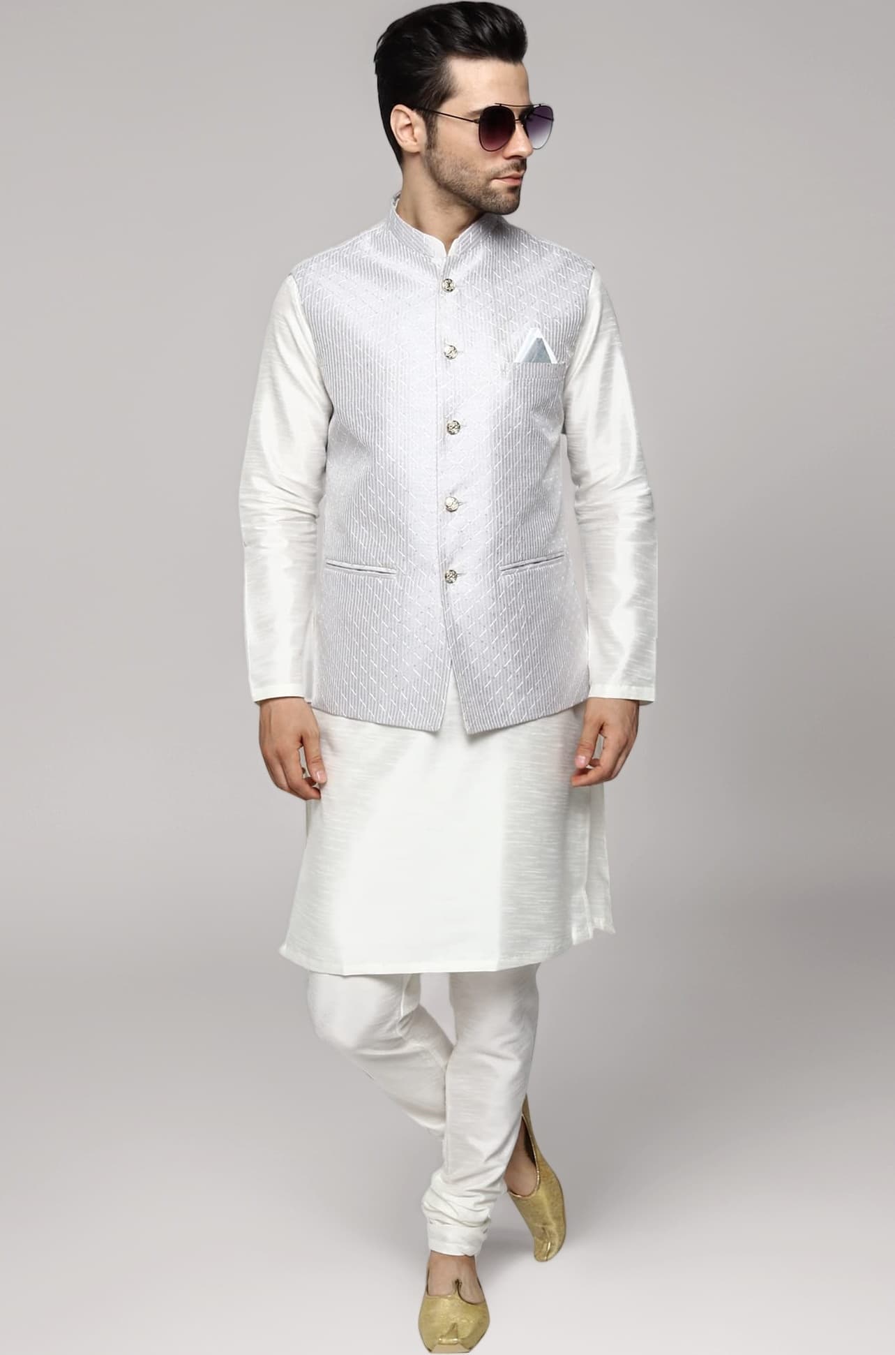 Uri and MacKenzie Men's Silk Blend Regular Kurta Churidar Pyjama with Bundi Nehru Jacket/Waistcoat