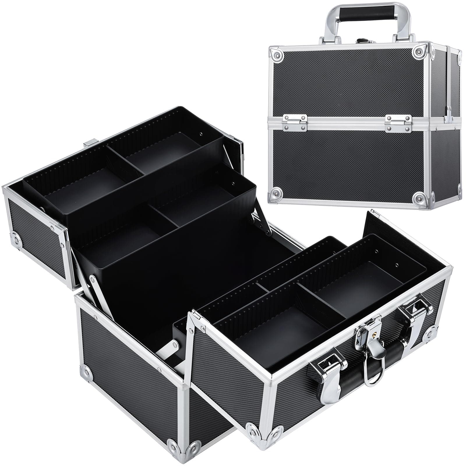 Frenessa Makeup Train Case Cosmetic Organizer Case Professional Makeup Storage Box 4 Trays with Divider Lockable Travel Case Portable Travel Makeup Box for Makeup Artist, Carfter, Cosmetics Black