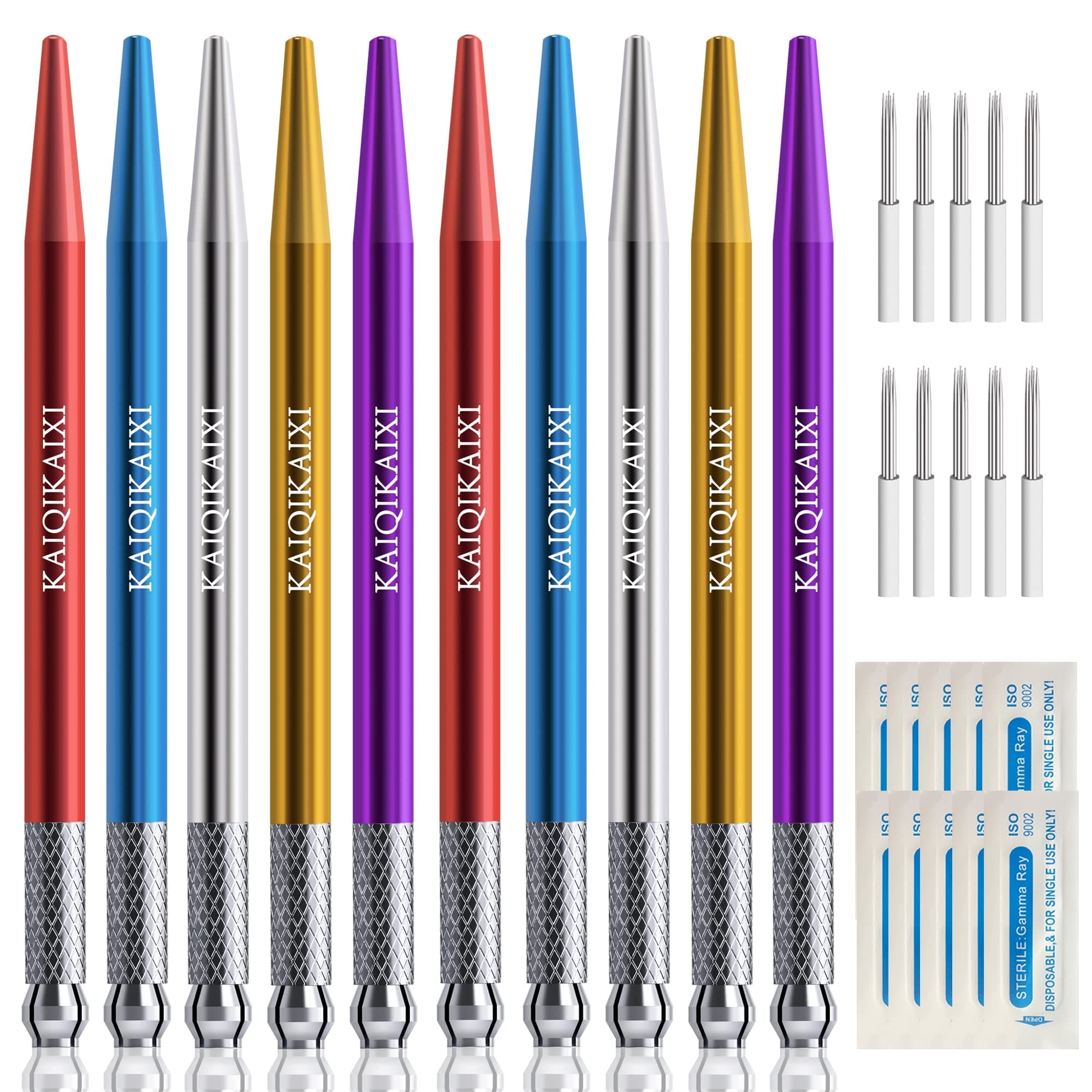 Microblading Pens 10 Pieces Manual Eyebrow Pens Microblade Pen Aluminum Microblading Hand Tools Light Manual Microblade Tool Microblade Holder Additional 10Pcs Round Needles