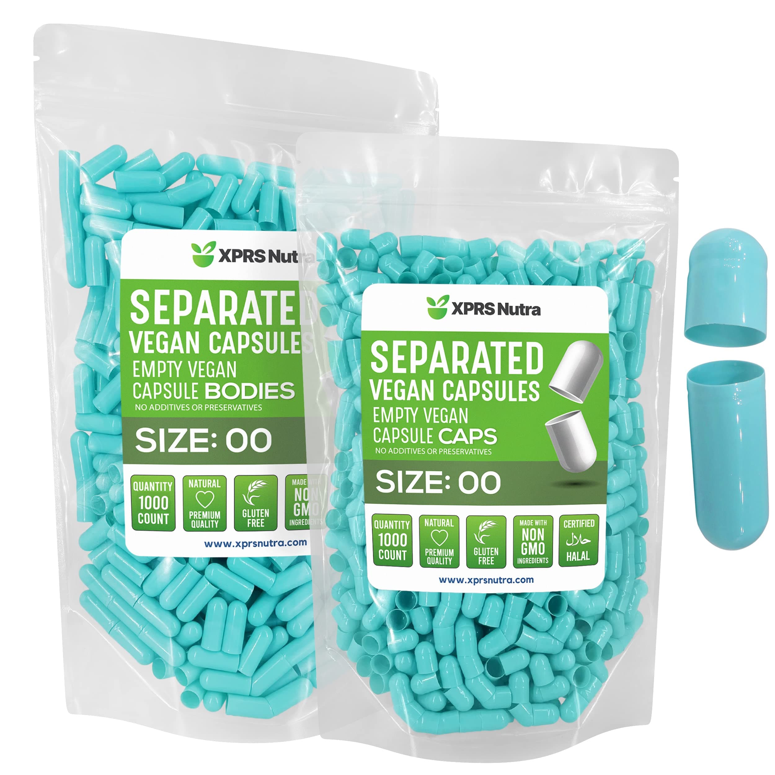 XPRS Nutra Vegan Size 00 Separated Capsules - 1000 Count Premium Empty Capsules Separated in Bags - 00 Pills Empty for DIY Supplement Filling (Aqua)