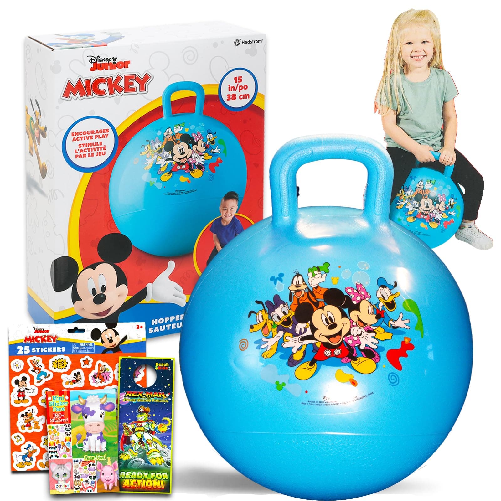 Mickey Mouse Hopper Ball for Kids - Bundle with 15 Inch Mickey Bouncy Ball with Handle, Stickers, and More (Mickey Mouse Outdoor Toys)