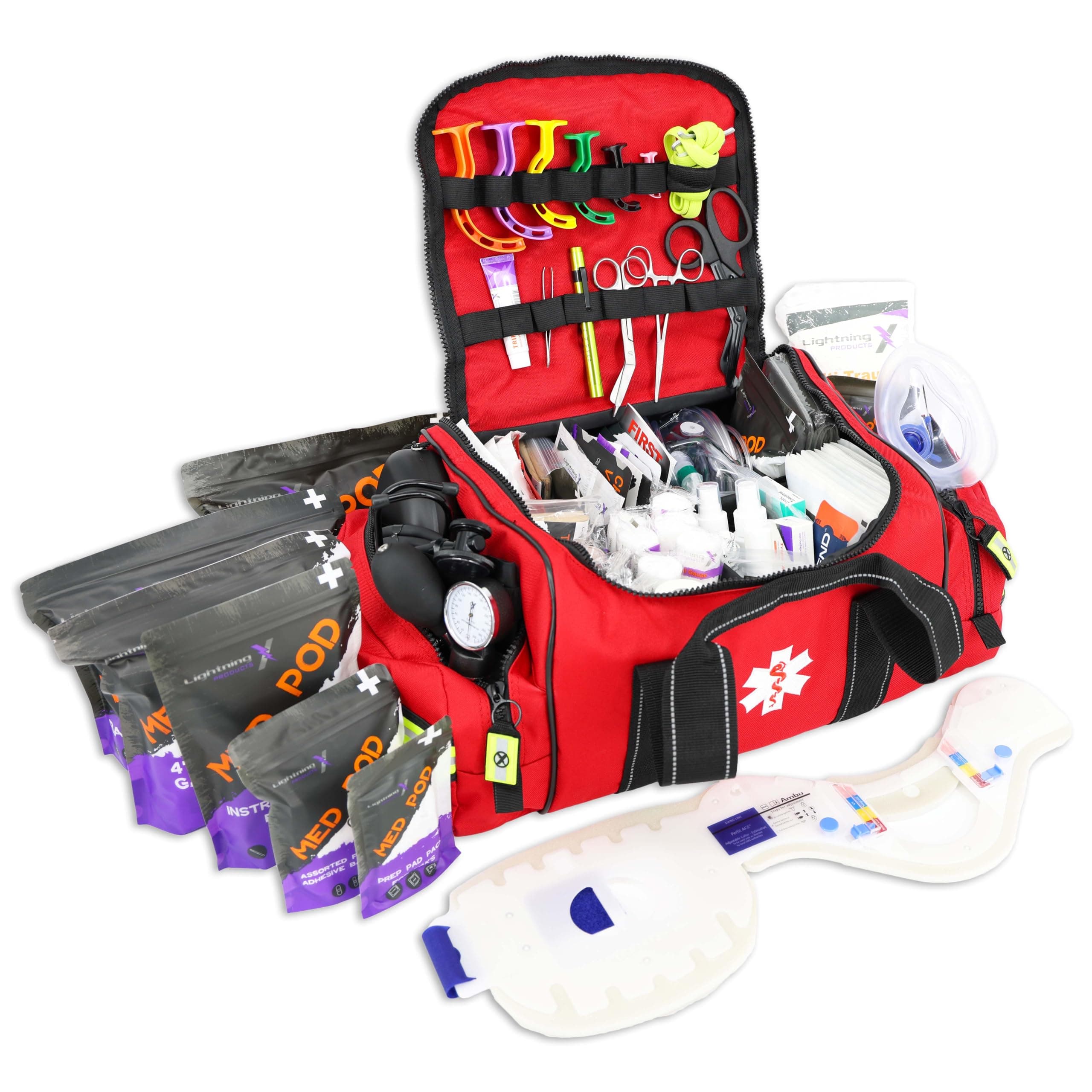 Lightning X MB30-SKC Large EMT Trauma Kit | Fully Stocked First Responder Bag w/ 240+ Supplies | EMS Fire Police Office Sports Team Emergency Medical Kit - RED