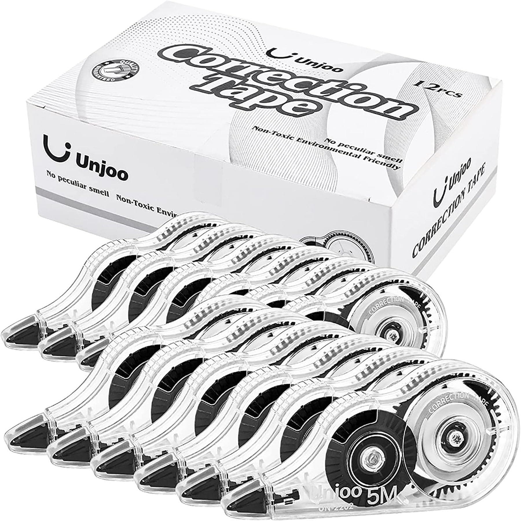 Unjoo White Correction Tape, Easy To Use Applicator for Instant Corrections Wrong Writing At Any Time, For school, Office (12pack, 5M/196" x 0.2", Black)