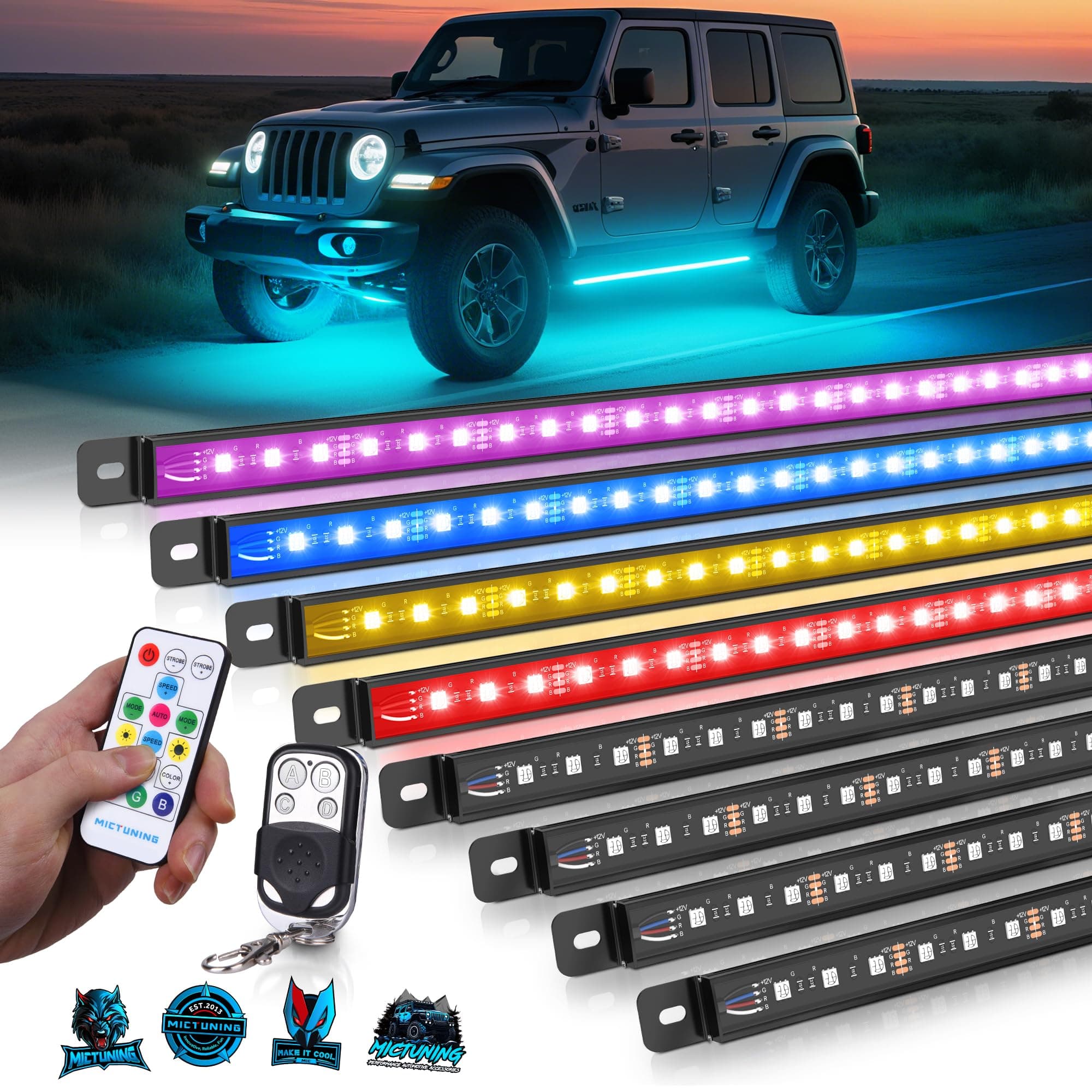 U8 RGB+IC Underglow LED Light Bars (8-Piece Kit) 888 LEDs, Dual Remote Control, Chasing/Fading Modes, IP68 Waterproof Aluminum Housing