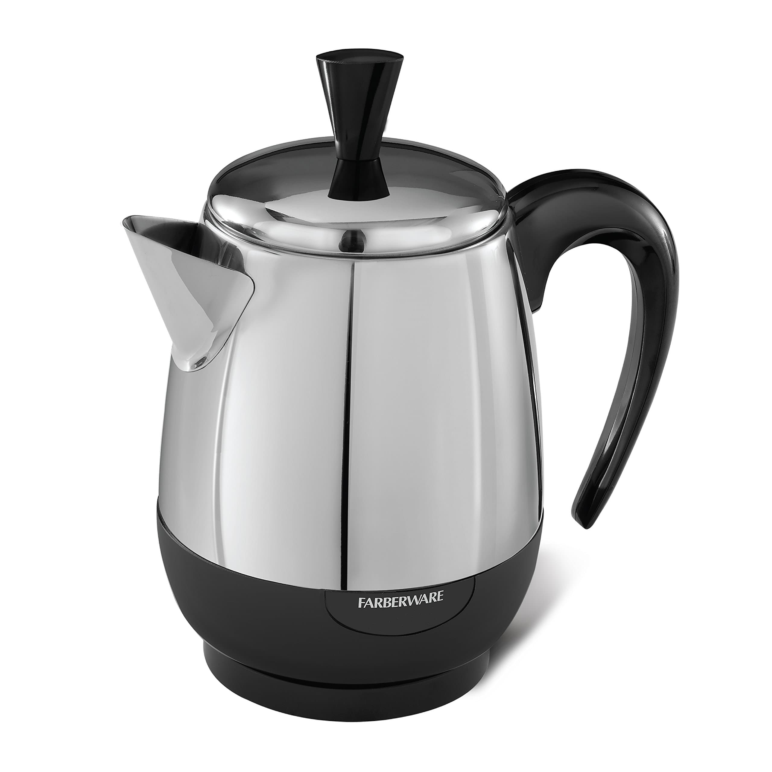 Electric Coffee Percolator, FCP240, Stainless Steel Basket, Automatic Keep Warm, No-Drip Spout, 4 Cup, Black/Silver