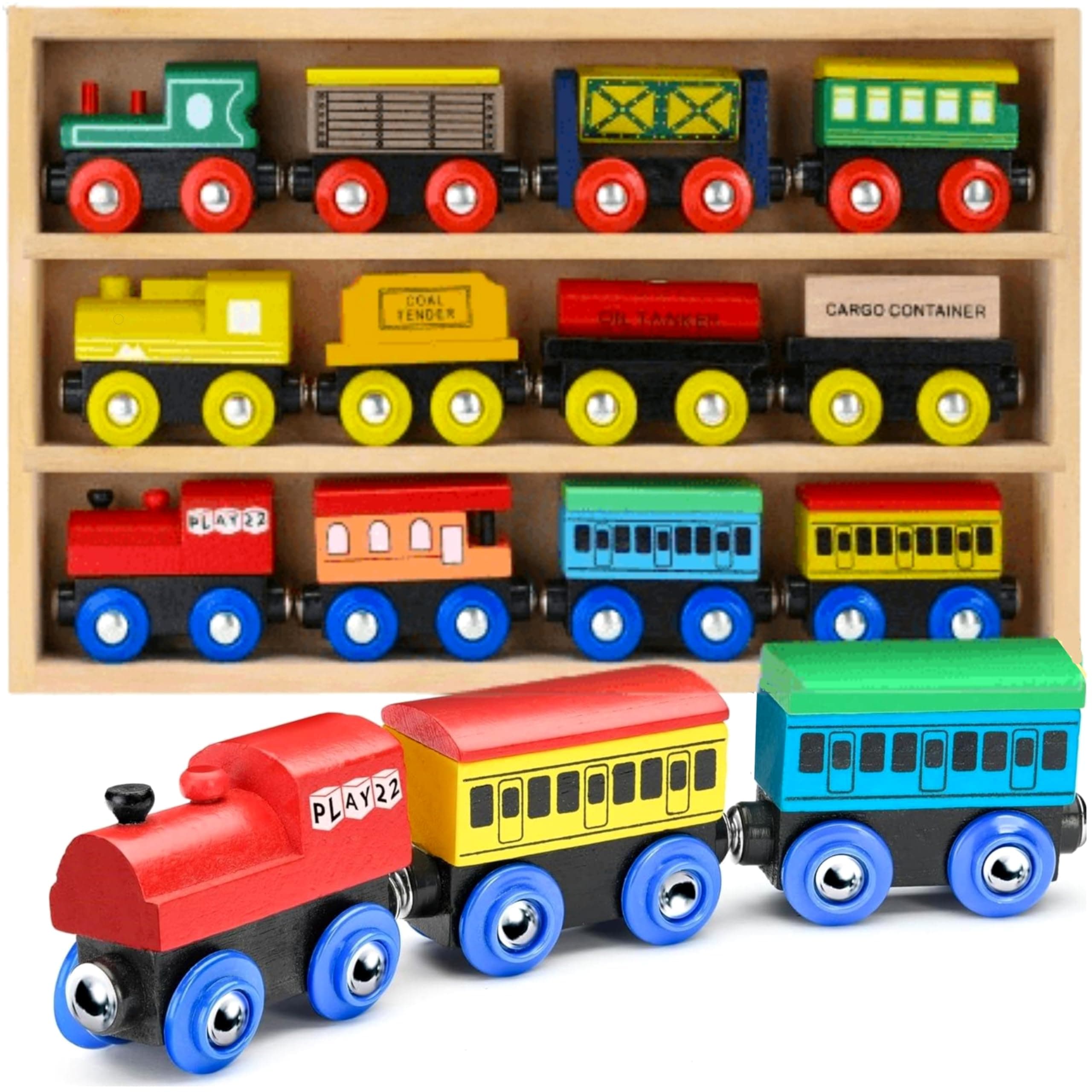 Wooden Train Set 12 PCS - Train Toys Magnetic Set Includes 3 Engines - Toy Train Sets For Kids Toddler Boys And Girls - Compatible With All Major Brands - Original - By Play22