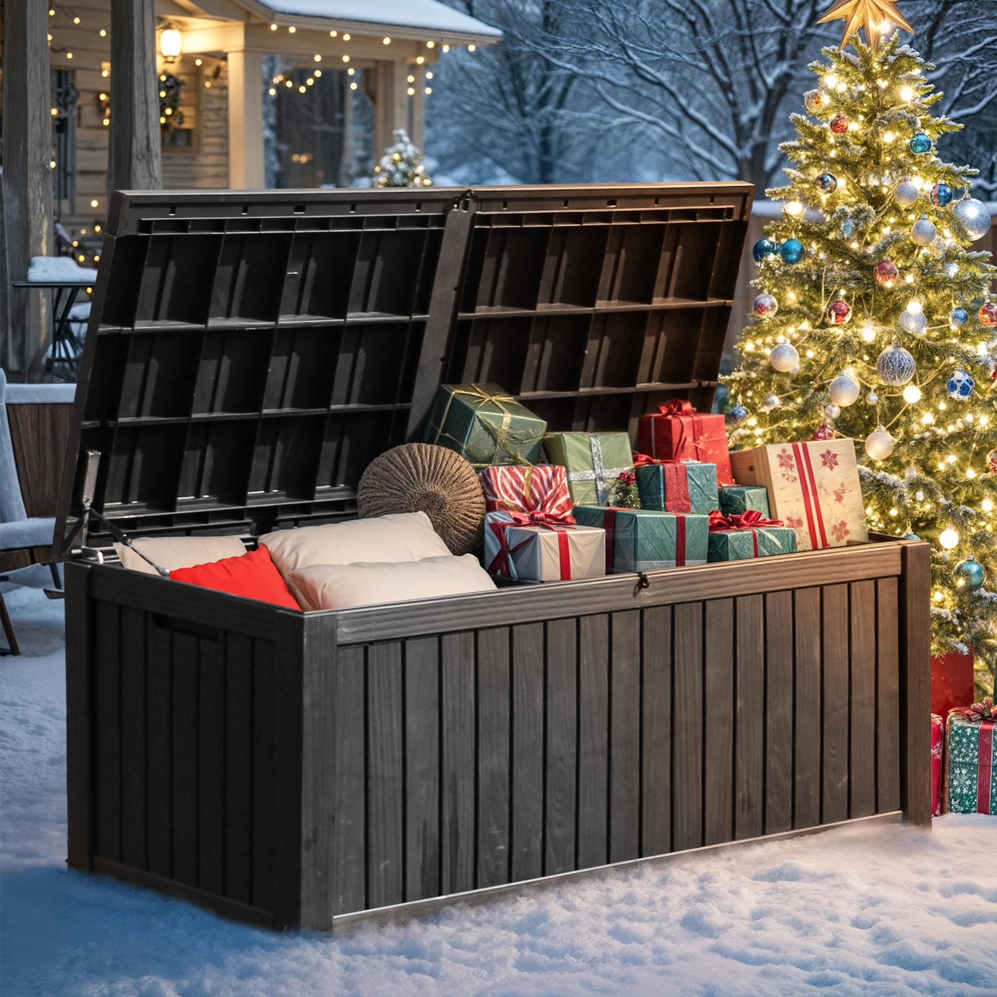 150 Gallon Large Deck Box w/Divider, XL Waterproof Outdoor Storage for Patio Furniture,Outdoor Cushions, Garden Tools, Sports Equipment and Pool Supplies, Resin, Lockable, Black