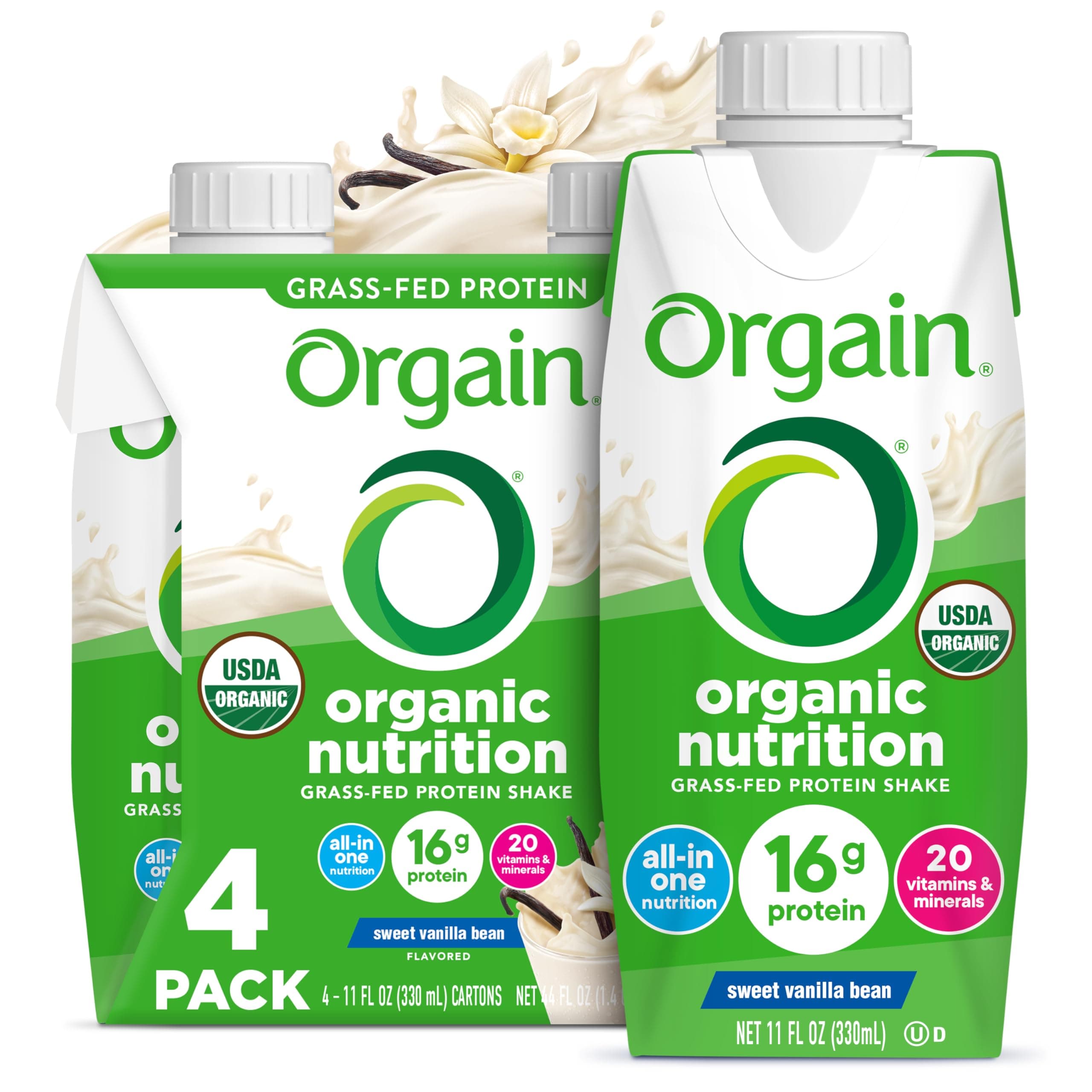 Organic Nutritional Shake, Vanilla Bean - Meal Replacement, 16g Protein, 20 Vitamins & Minerals, Gluten Free, Soy Free, Kosher, Non-GMO, 11 Ounce, 4 Count (Packaging May Vary)