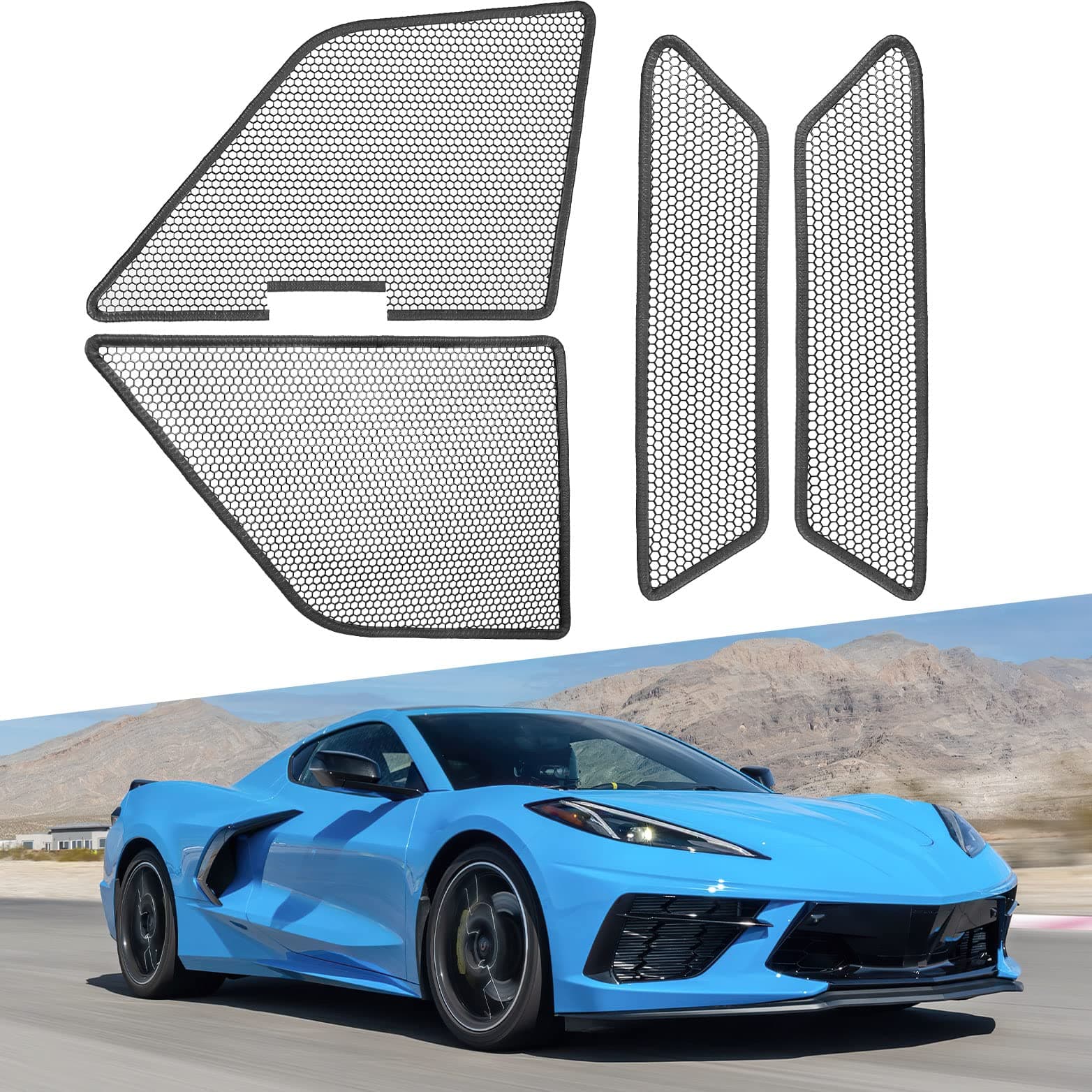 ISSYAUTO Front Mesh Honeycomb Grill Guard Compatible with 2020-2024 C8 Corvette, Upgraded Radiator Grille Guards, Aluminum Metal Car Grill Mesh Body Bumpers Outer & Inner Grill Grate, 4 Pc