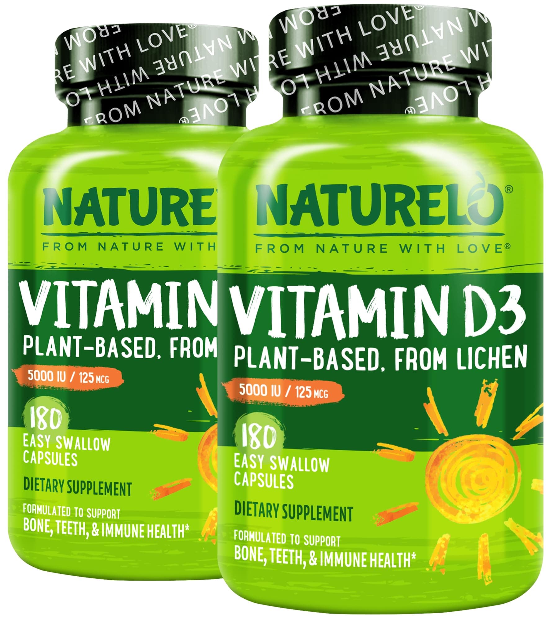 NATURELO Vitamin D - 5000 IU - Plant Based from Lichen - Natural D3 Supplement for Immune System, Bone Support, Joint Health - High Potency - Vegan - Non-GMO - Gluten Free - 180 Capsules (Pack of 2)