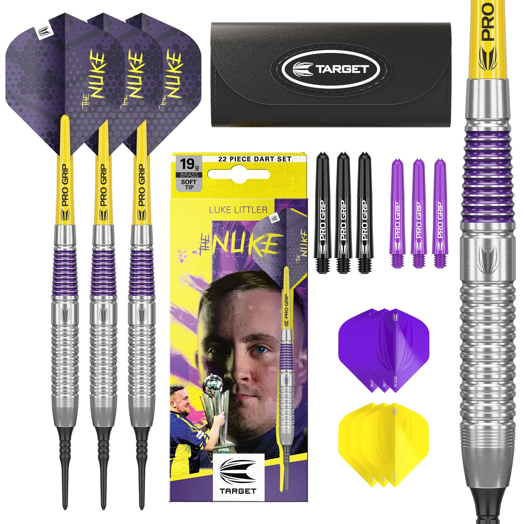 Target Darts Luke Littler Brass Soft Tip Darts Set – 19G Pixel Tip Dart, The Nuke Player Edition Dart Set, Dart Flights, Shafts & Dart Case Included | Professional Dart Accessories