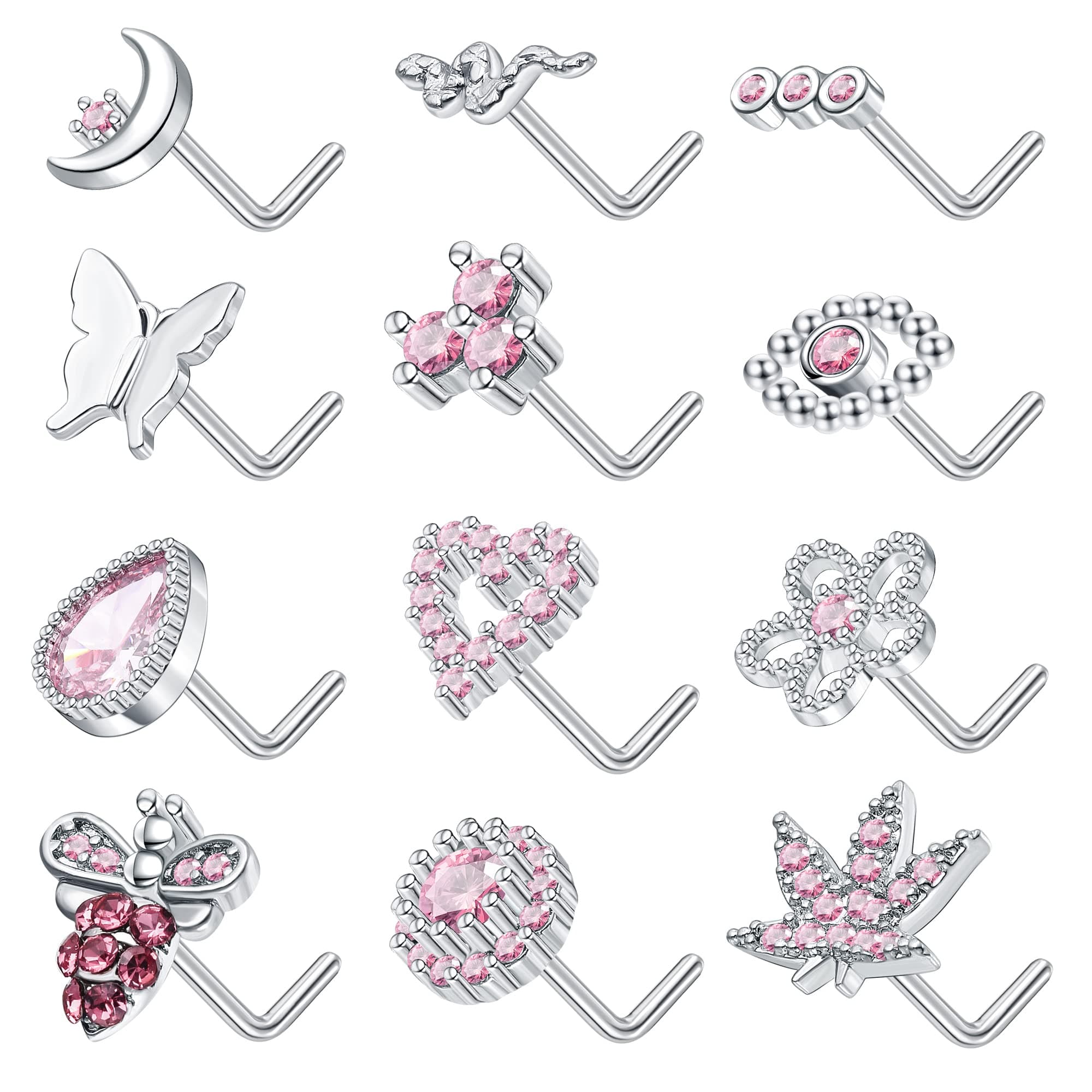 Staligue12pcs 20G Nose Rings Studs L Shaped Nose Studs Stainless Steel Nose Piercings Flower Heart Snake Butterfly Moon Nose Rings Piercing Jewelry