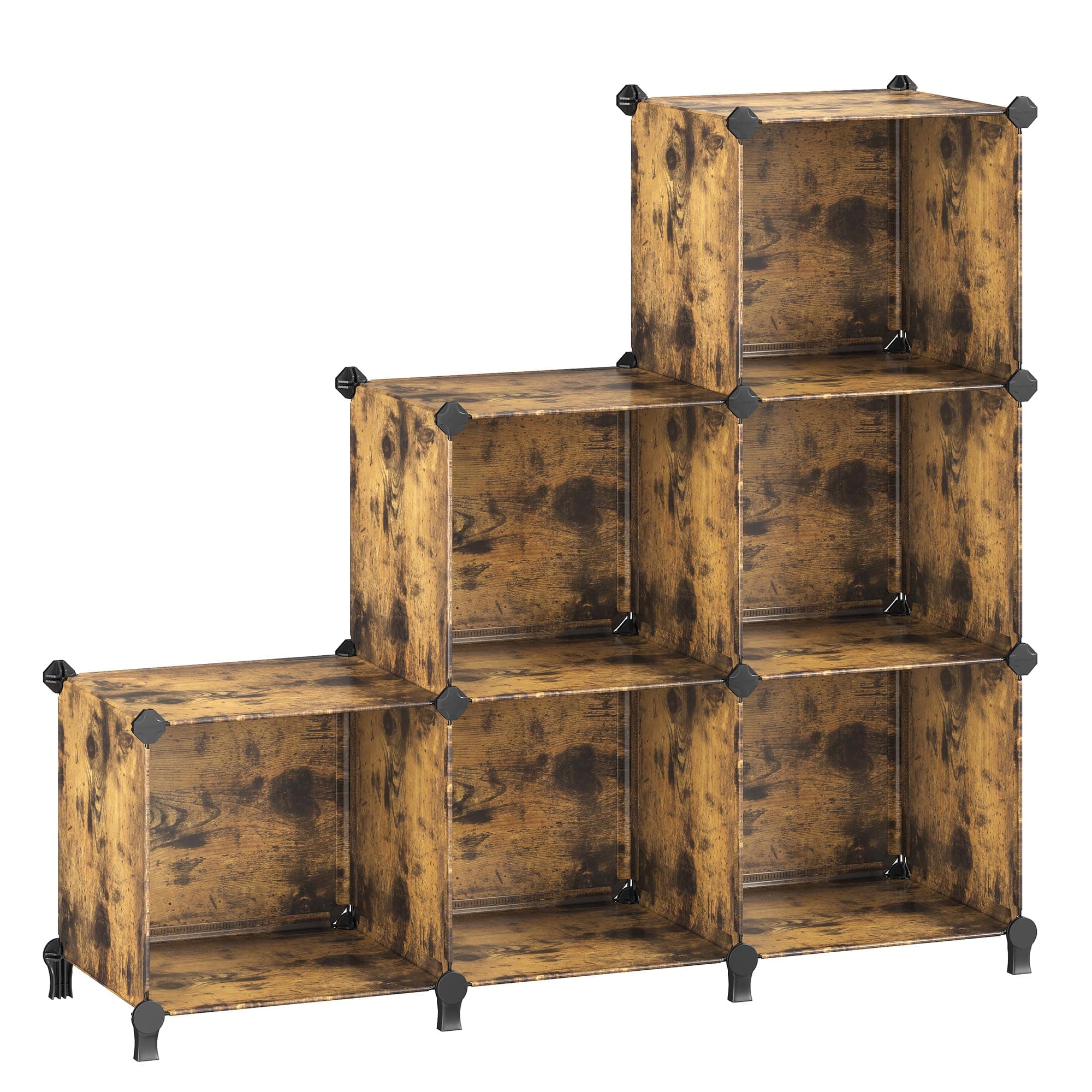 6 Cube Storage Organizer, Modular Bookshelf, DIY Closet Organizers and Storage, Plastic Stackable Shelves, 14.6 x 13 x 13 Inch Cubes, with Feet and Rubber Mallet, Rustic Brown ULPC206A01
