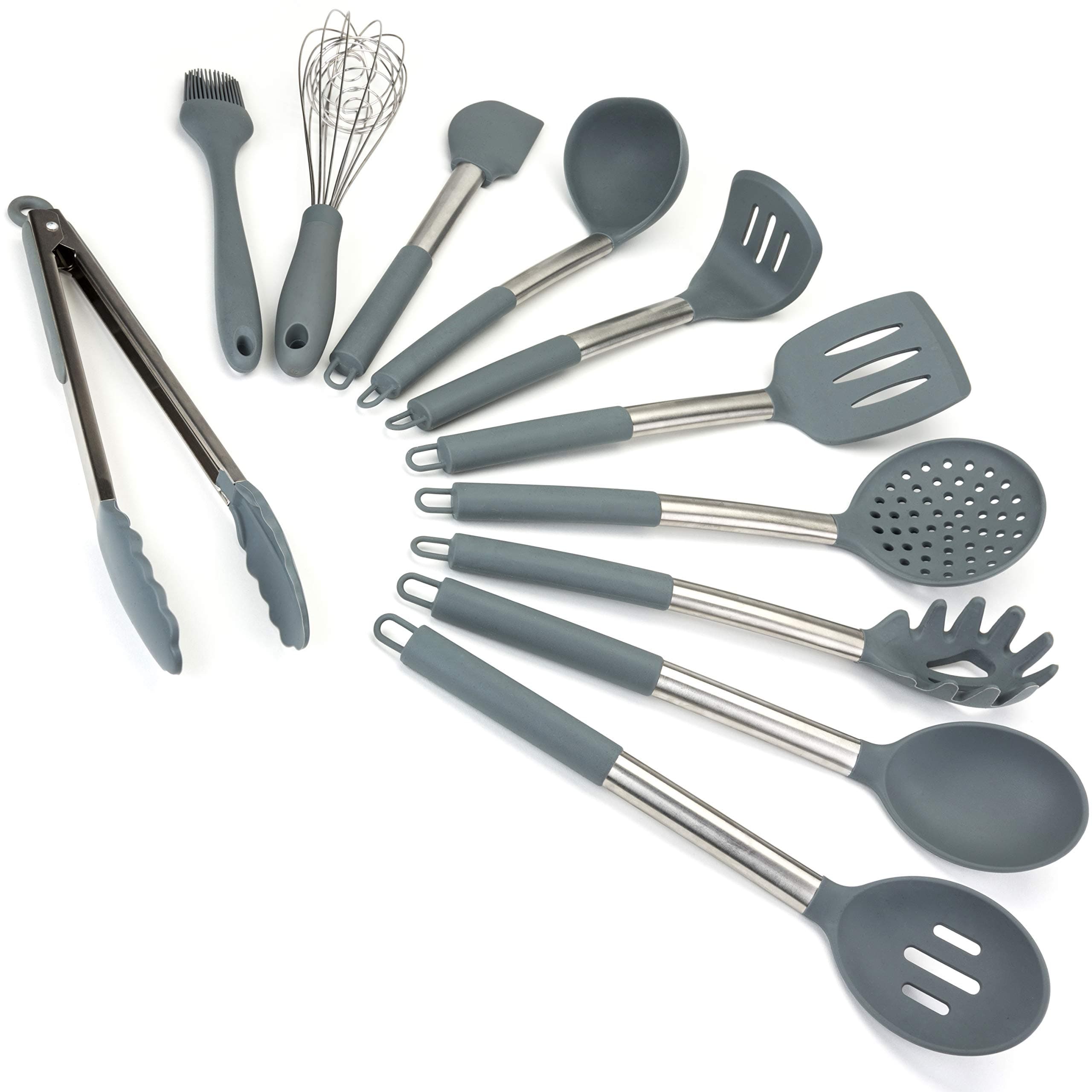 Premium 11pc Silicone Kitchen Utensil Set for Cooking and Baking in Sleek Grey and Brushed Stainless Steel. Includes; Tongs, Whisk, Spatula, Ladle, Potato Masher and More.