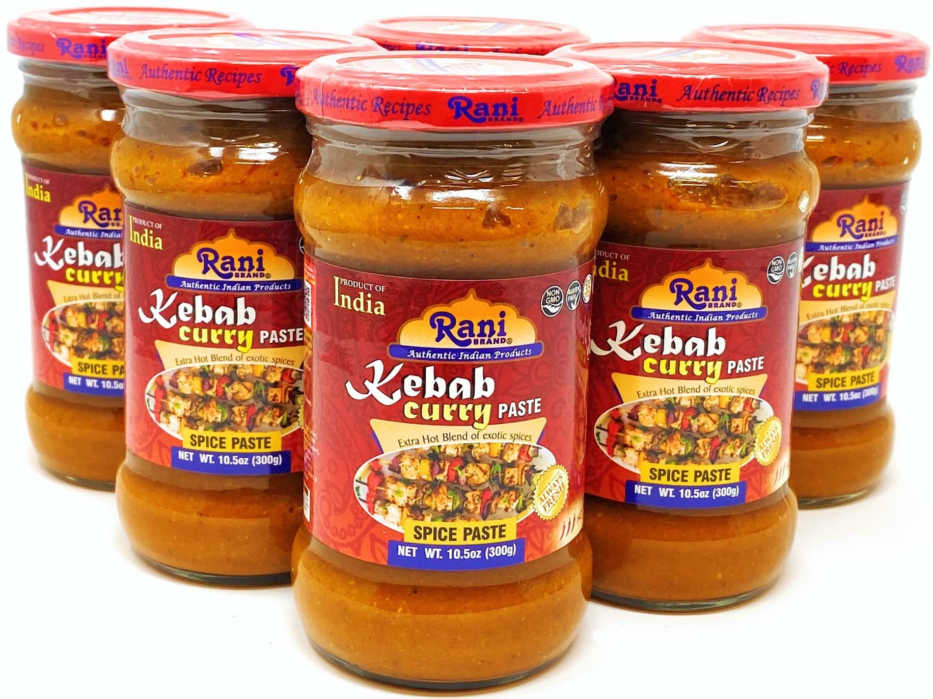 Rani Kebab Masala Paste for Meat Dishes 10.5oz (300g) Glass Jar, Pack of 5+1 FREE ~ No Colors | All Natural | NON-GMO | Vegan | Gluten Free | Indian Origin