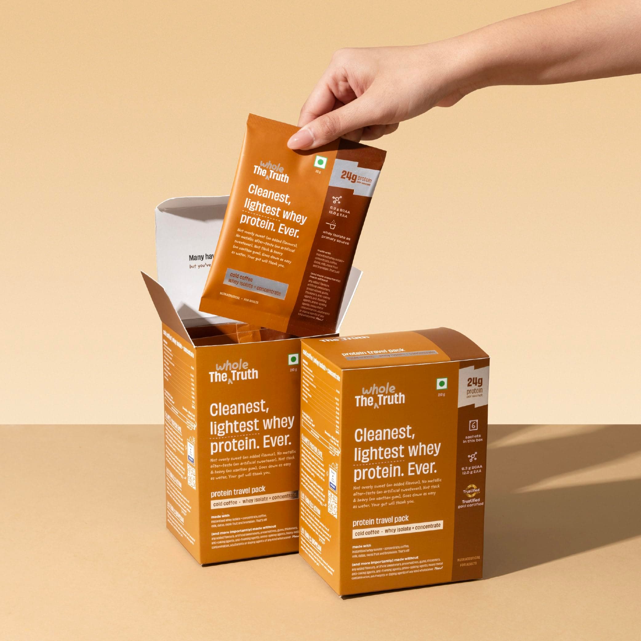 The Whole Truth Whey Protein Isolate+Concentrate | Cold Coffee 210g (Pack of 6) | 24g Protein/Sachet 6.4g BCAA | 100% Authentic & No Adulteration | Clean, Light & Easy to Digest | Sample & Travel Pac