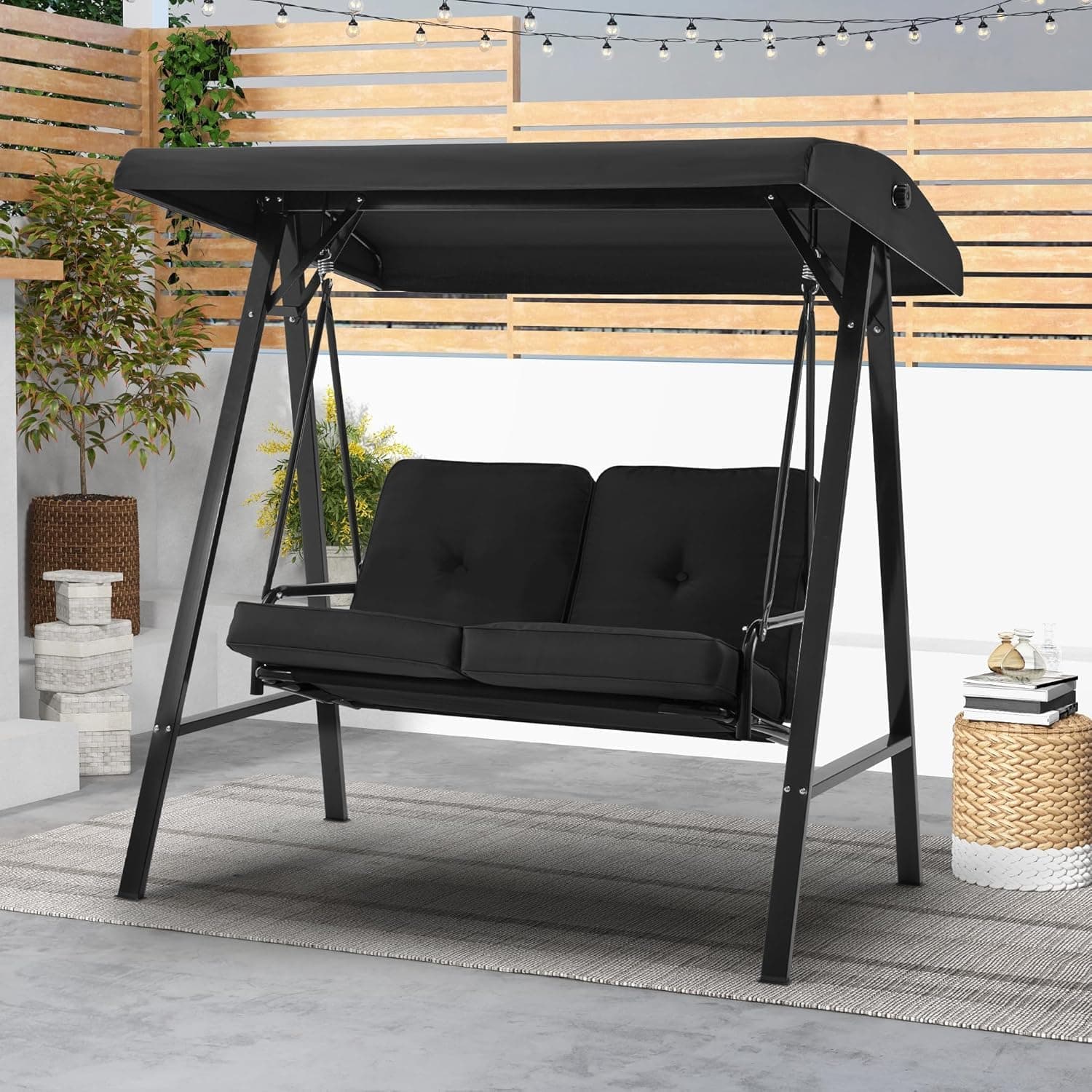 AECOJOY Outdoor Patio Swing Chair for Adults, 2-Seat Porch Swings with Adjustable Canopy, Outside Swing Bench with Removable Cushion, Suitable for Backyard, Garden, Yard, Poolside, Balcony (Black)