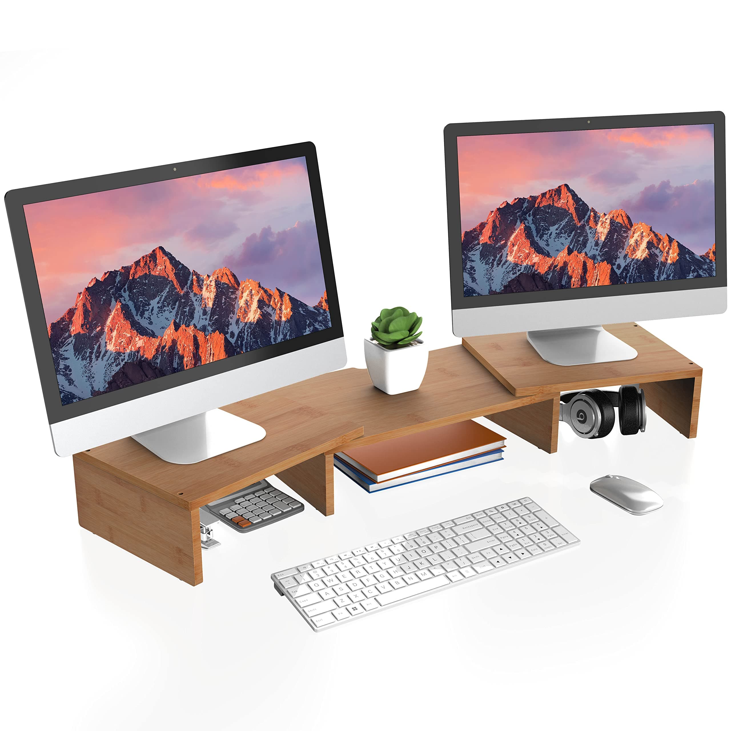 Dual Monitor Riser with Adjustable Length and Angle Desktop Stand 3 Shelf Storage Organizer,Bamboo