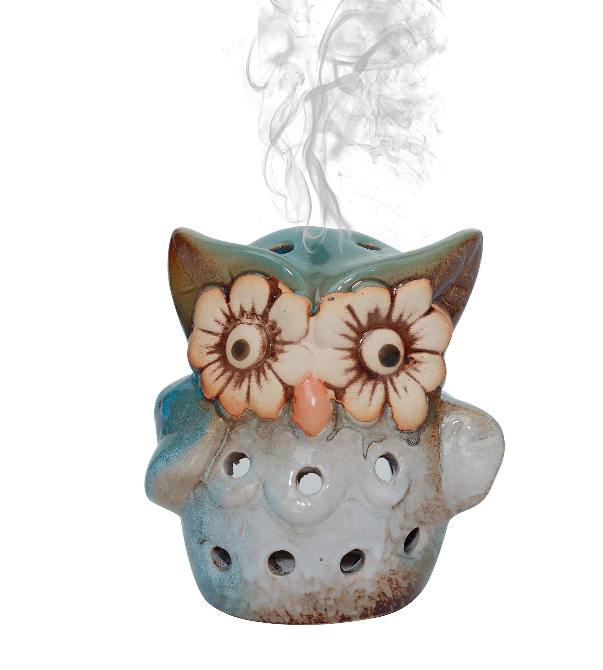 Ceramic Owl Incense Burner - Holder for Cones, Bricks, Rope & Resin Incense, Candle Holder (Blue)