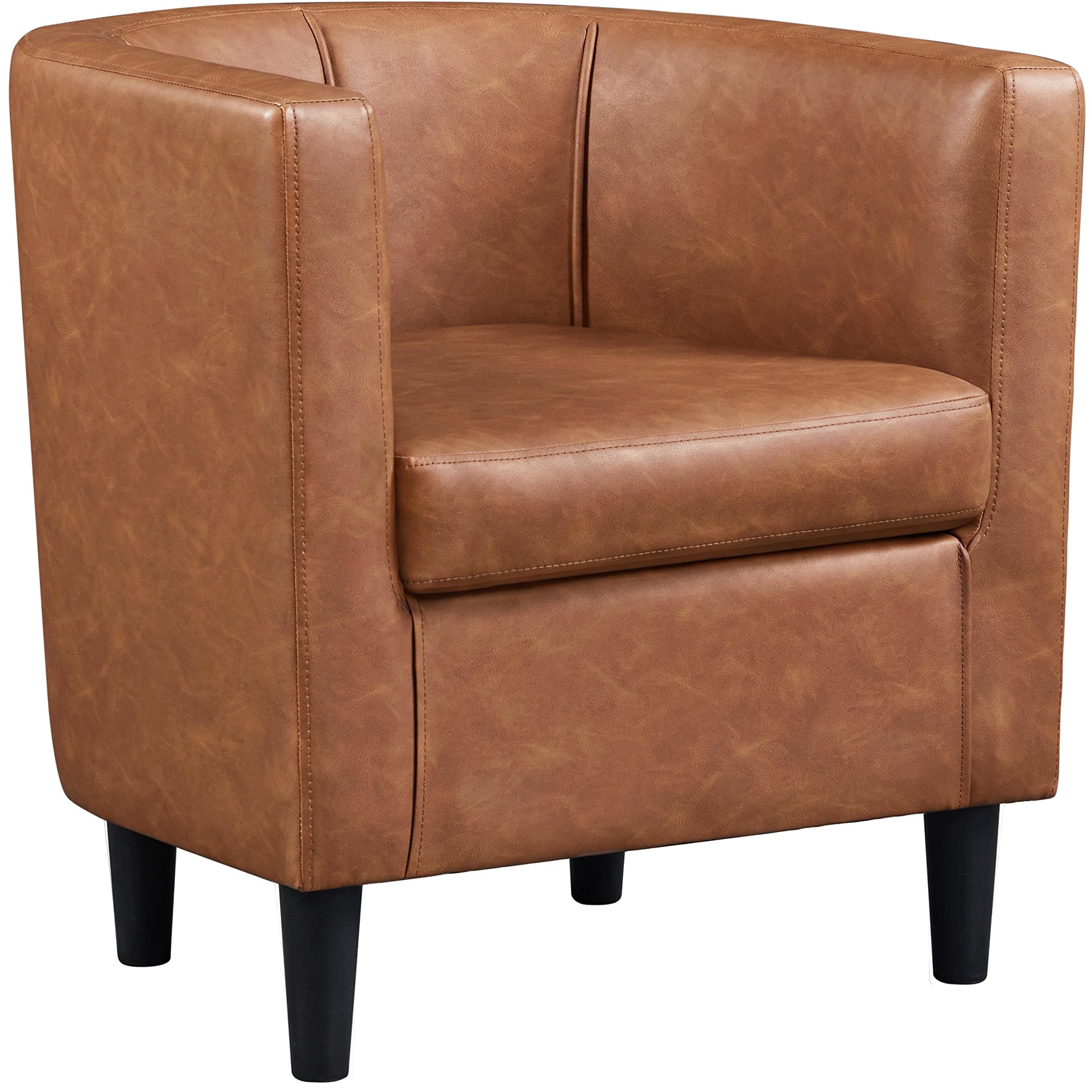 Yaheetech Accent Chair, PU Leather, Modern and Comfortable Armchairs, Upholstered Barrel Sofa Chair for Living Room Bedroom Waiting Room, Brown