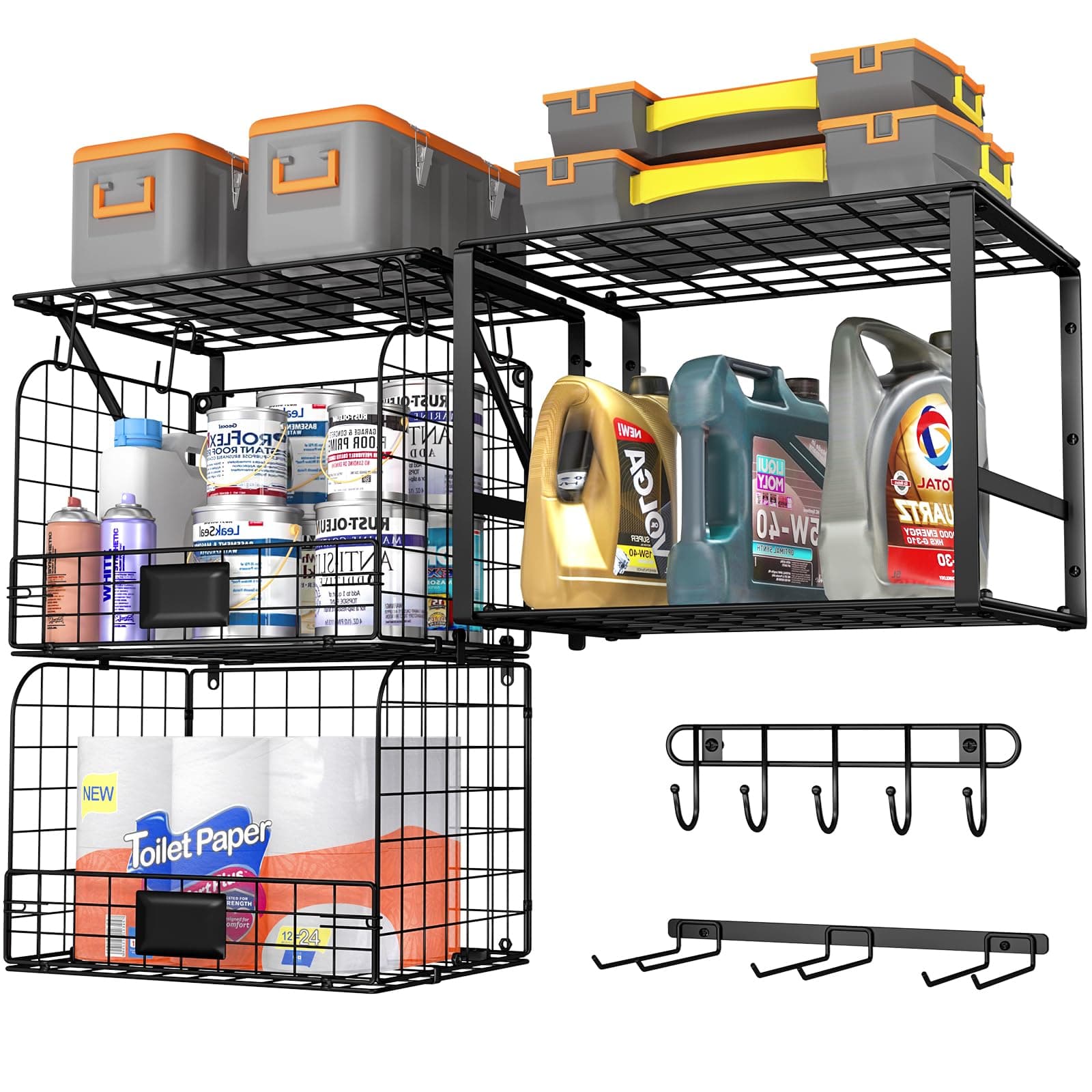 ThreeHio Garage Shelf Wall Mounted with Wire baskets, Heavy Duty Garage Wall Shelving with Garden Tool Rack and Hooks, Wire Shelf Baskets Tool Organizer for Home Garden Yard Organization and Storage