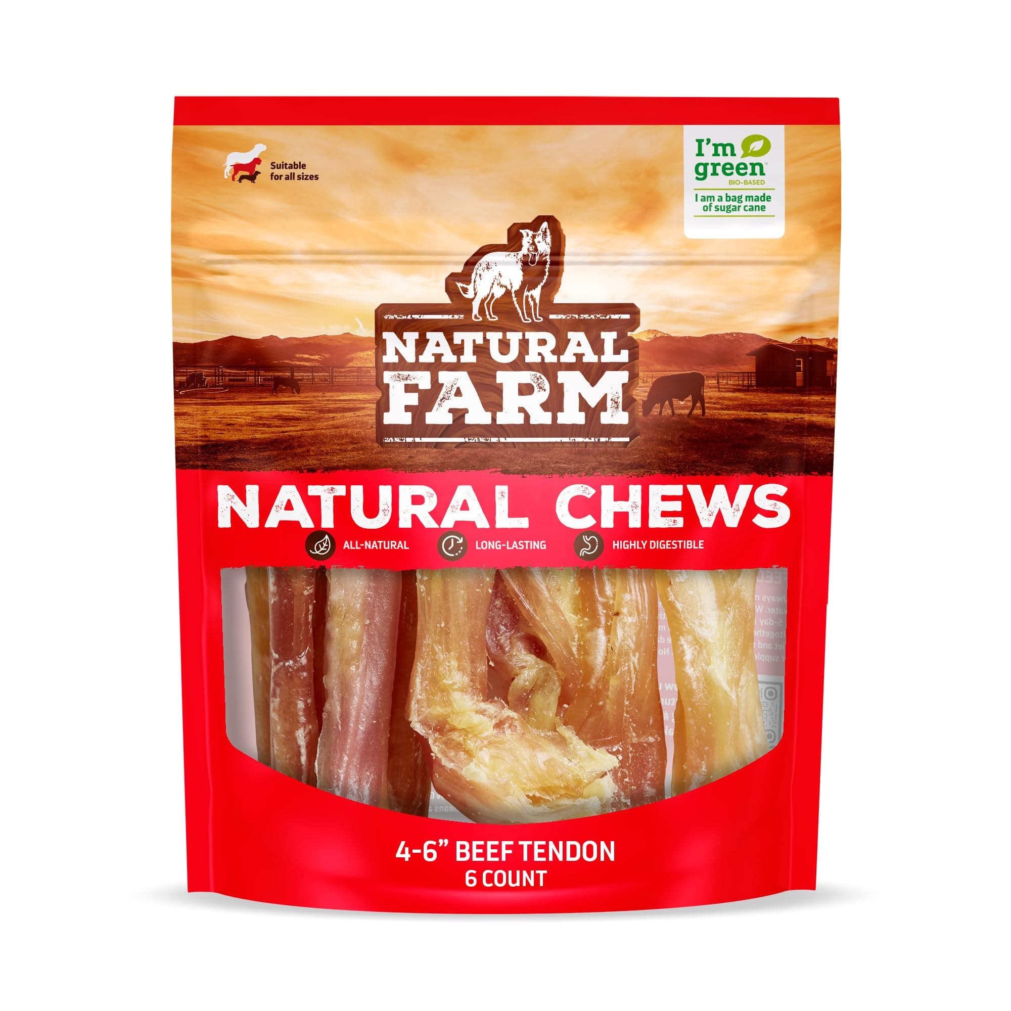 Natural Farm Extra-Thick Beef Tendons (4-6 Inch, 6 Pack), Natural Chondroitin and Collagen: Supports Healthy Joints, Great for Dental Health – Made & Packaged, All Dog Sizes