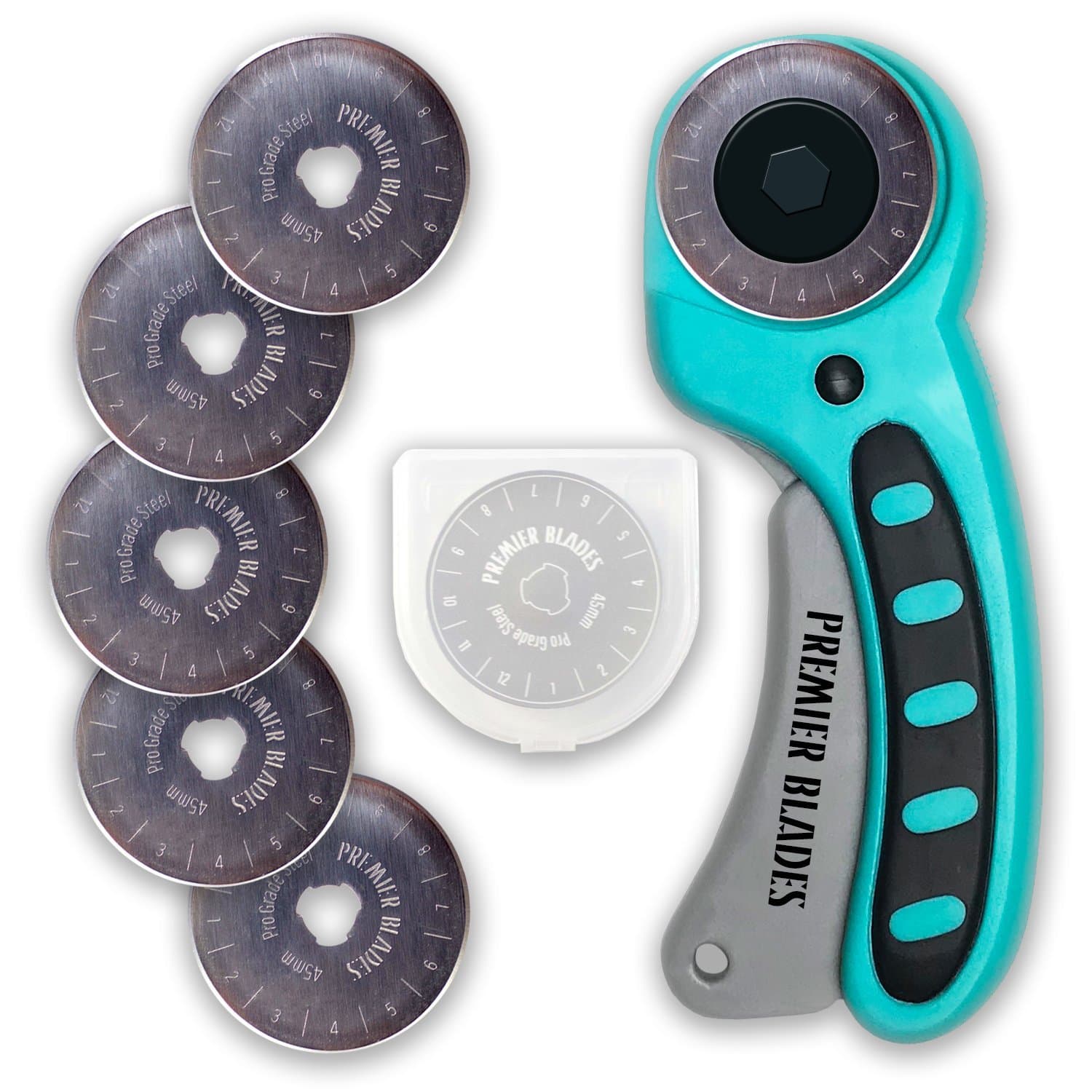 Rotary Cutter for Fabric - 45mm, Teal Ergonomic Soft Grip Handle with 5 Extra Blades - Heavy Duty Leather Cutting Tool & Paper Cutter