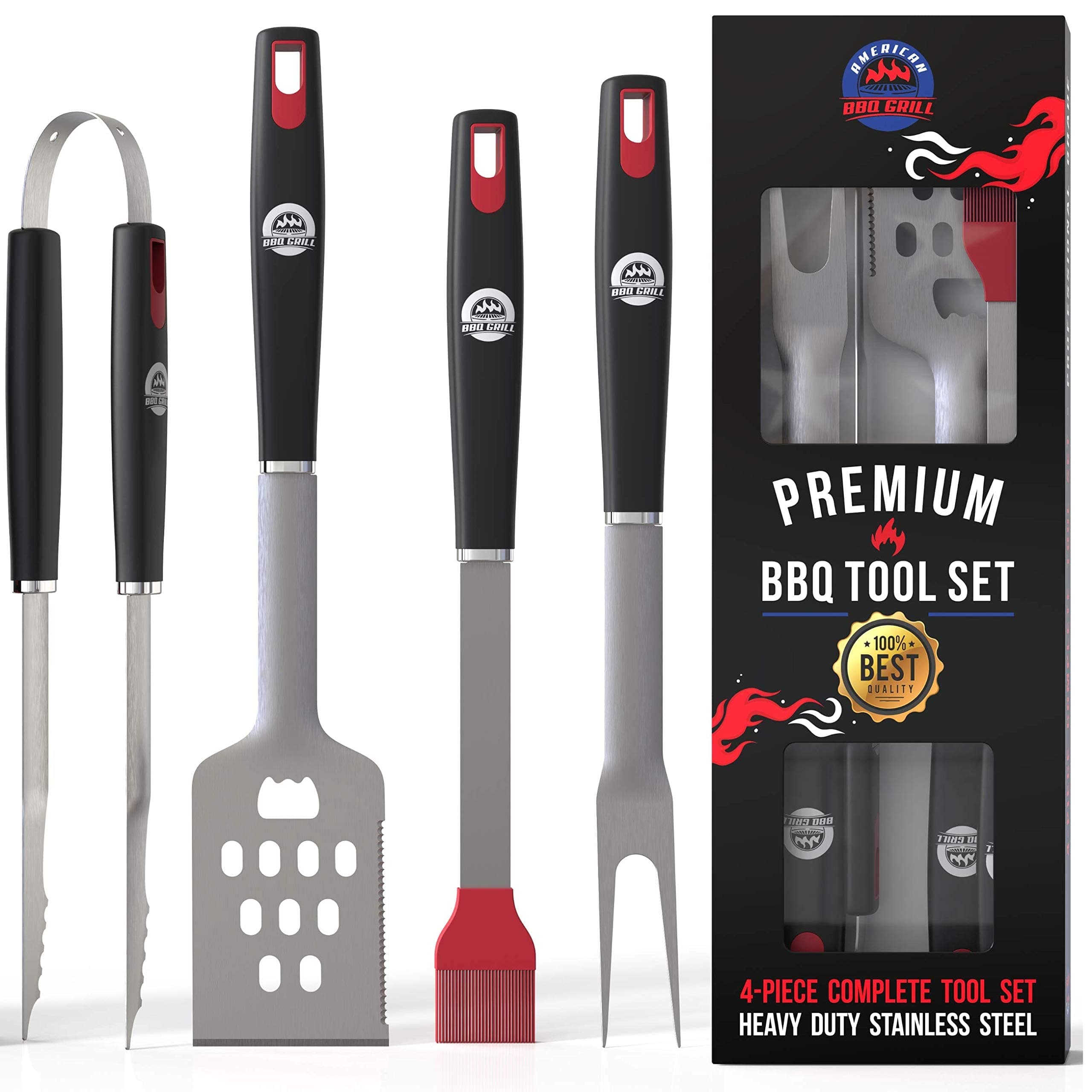 BBQ Tools Sets - Premium Barbecue Utensils - 4 Piece Grill Kit: Spatula, Tongs, Fork and Basting Brush - Best Heavy Duty Stainless Steel Case BBQ Accessories for Him - 10 Year Warranty