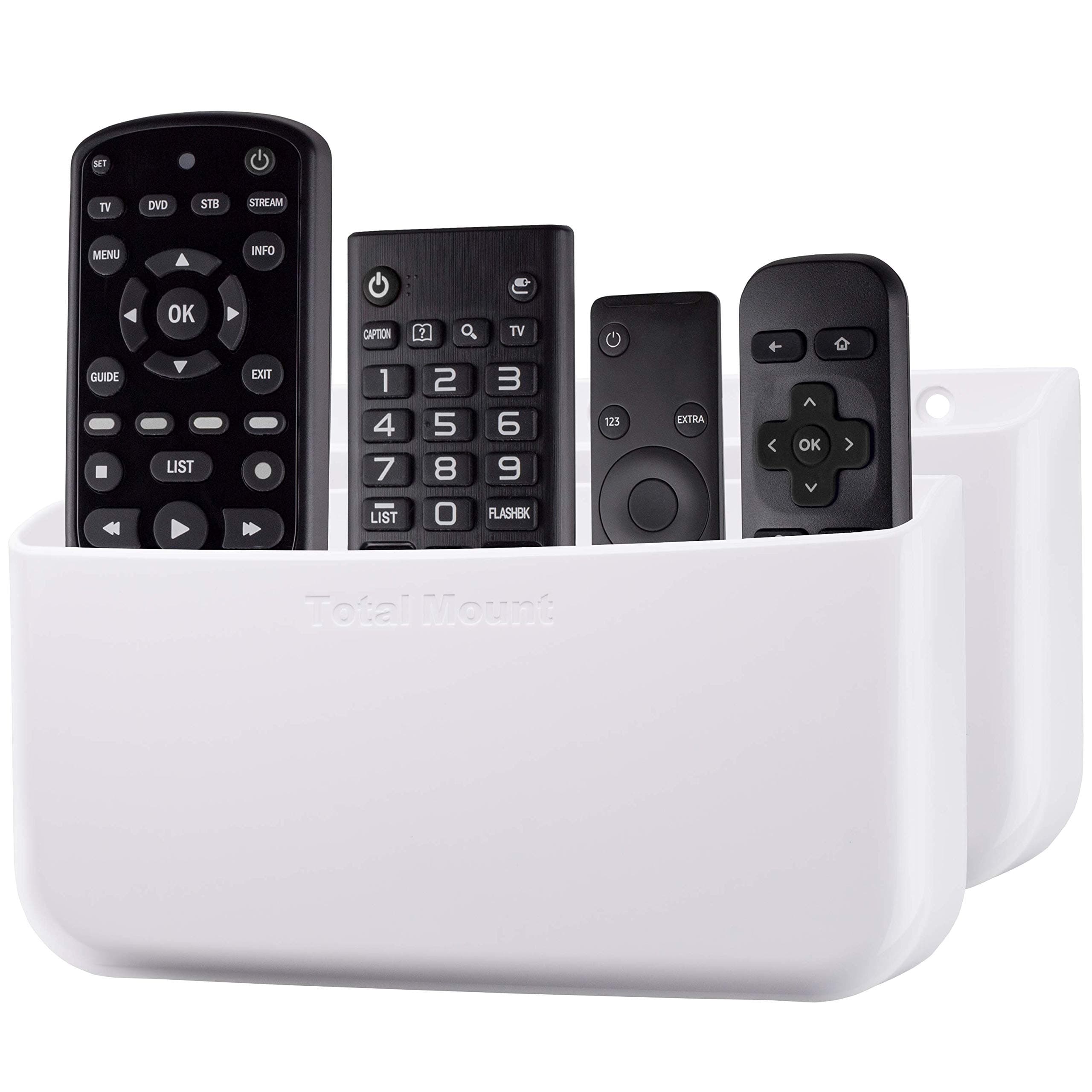 TotalMount Hole-Free Remote Holders – Eliminate Need to Drill Holes in Your Wall (For 3 or 4 Remote Controls – Premium White – Quantity 2)