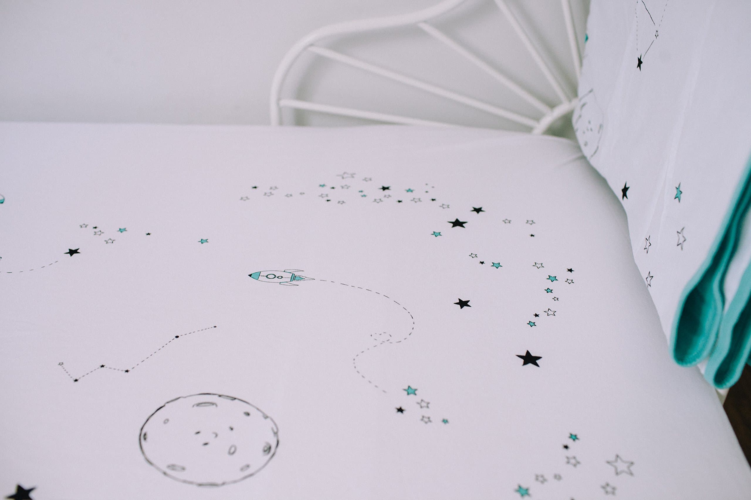 Baby/Toddler Fitted Sheet 100% Jersey Cotton Custom Space Illustrations for Crib or Nursery Bed (Aqua)