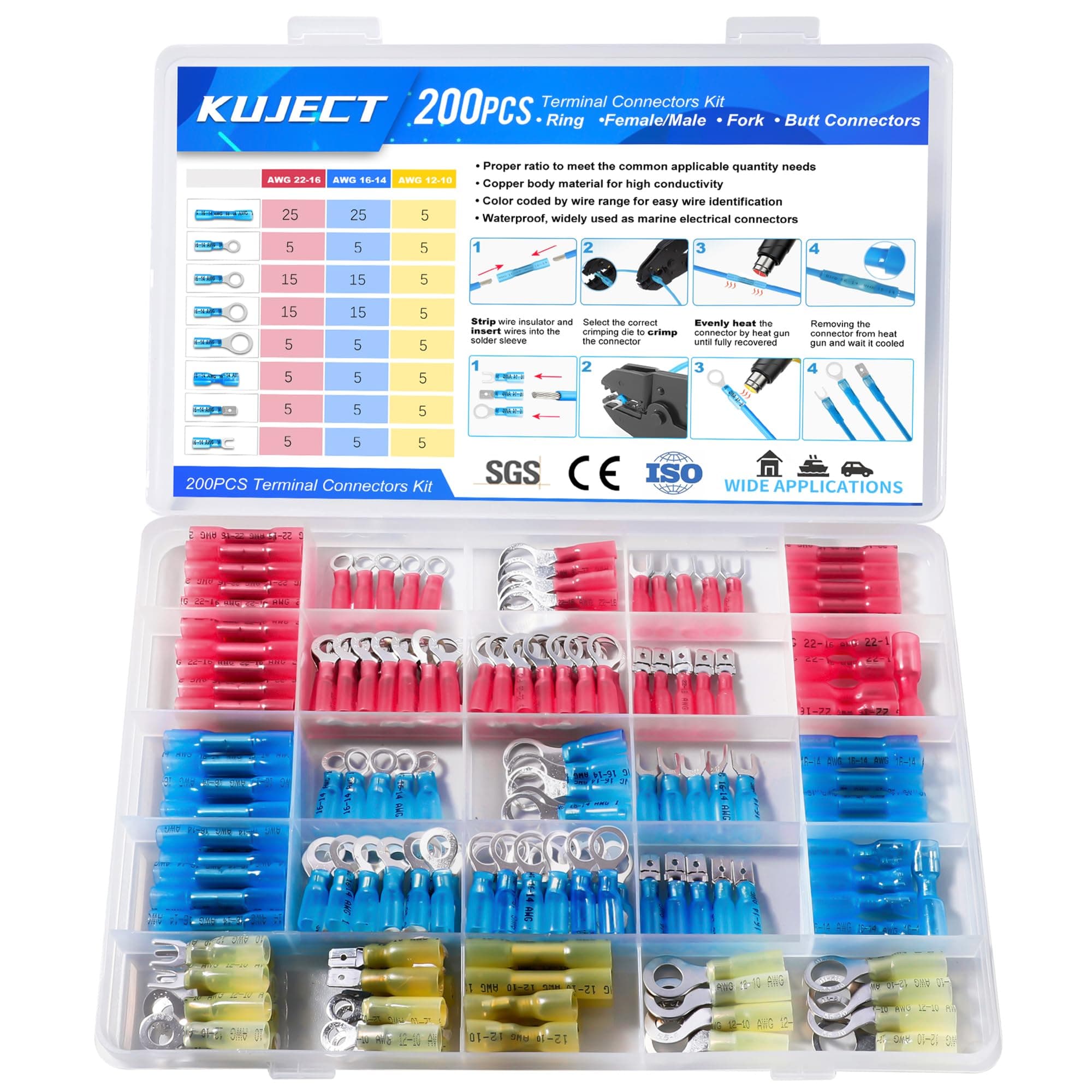 Kuject 200 PCS Heat Shrink Wire Connectors kit, Multipurpose Waterproof Electrical Wire Terminals, Insulated Crimp Connectors Ring Fork Spade Butt Splices for Automotive Marine Boat Truck