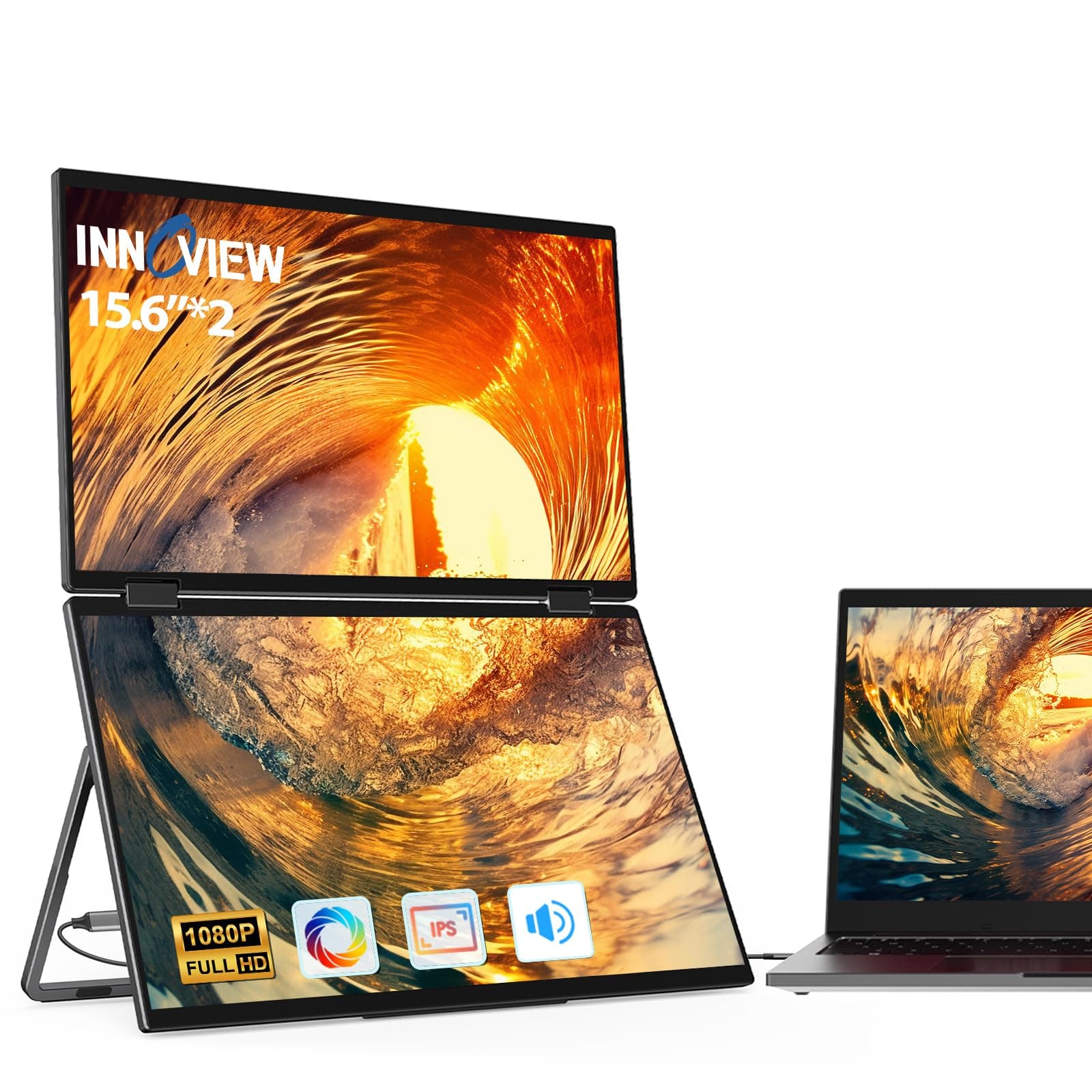 Laptop Screen Extender 15.6" Dual Monitors Stacked Folding Triple Monitor (Wins/Mac) 1080P Triple Portable Monitor for Laptop 90°/180° Automatic Rotation Black